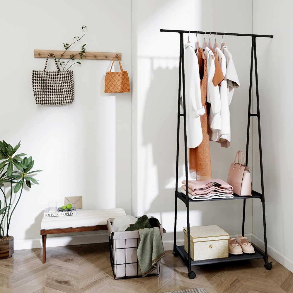 Image of 166x44x55cm Triangular Freestanding Floor Coat Rack With Wheels, Simple Clothes Rack, Garment Rack With Rod And Shelf With Shoe Storage, Household Storage For Hanging Clothes In The Bedroom