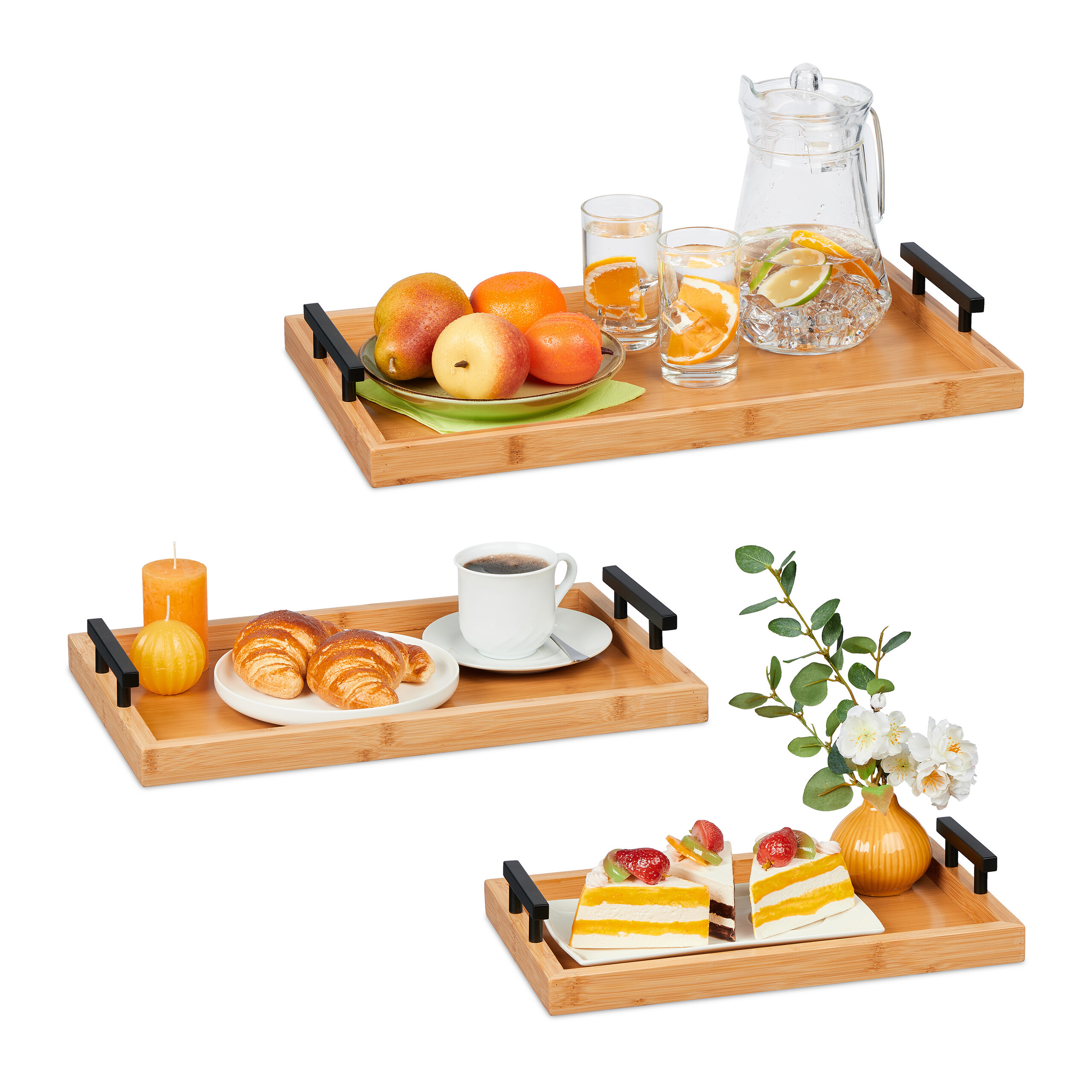 TEMU Tabletts aus Bambus, 3er Set, 50 x 30 cm, 43 x , 36 x 22 cm, MDF und Edelstahl, Metallgriffe, hoher Rand, naturfarben und schwarz, für im Bett,