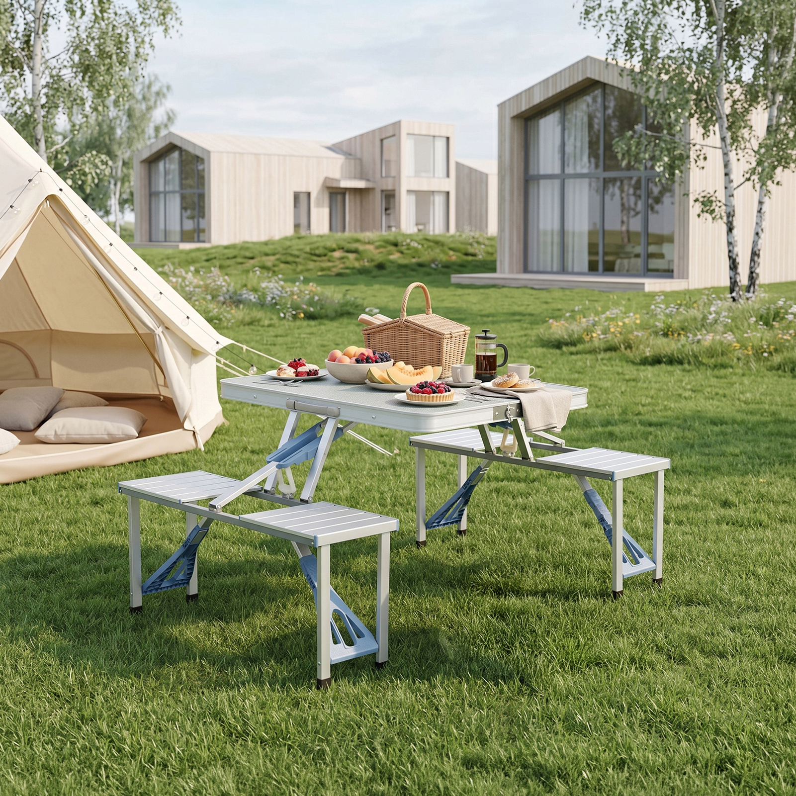 TEMU Outdoor -one Folding Table, White, Made From Lightweight Aluminium Alloy. Features An Integrated Table-and-chair Design, With 1 Table And 4