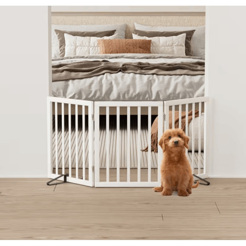 Image of Wooden Dog Gates For Home With Base, Extra Wide, 3-panel Freestanding Pet Gates With 2 Stands For Doors And Stairs, Foldable Dog Fences For Indoor Use, 60 Cm High, Extendable Up To 140 Cm