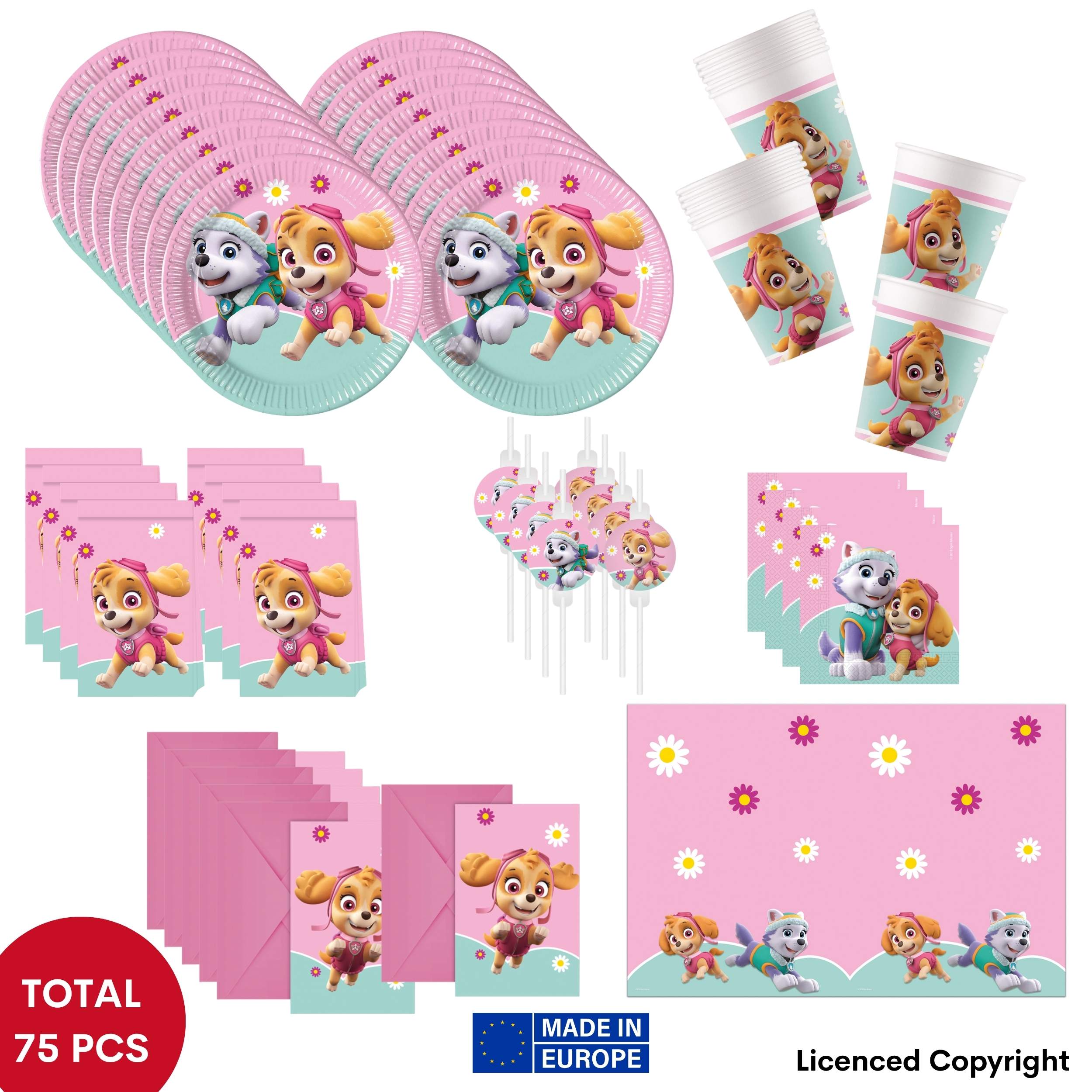 TEMU 75pcs Skye & Kids' Birthday Party Decoration Set - 16 Plates, 16 Cups, 20 Napkins, 1 Tablecloth, 6 Invitation Cards, 8 Paper Party Bags, And 8