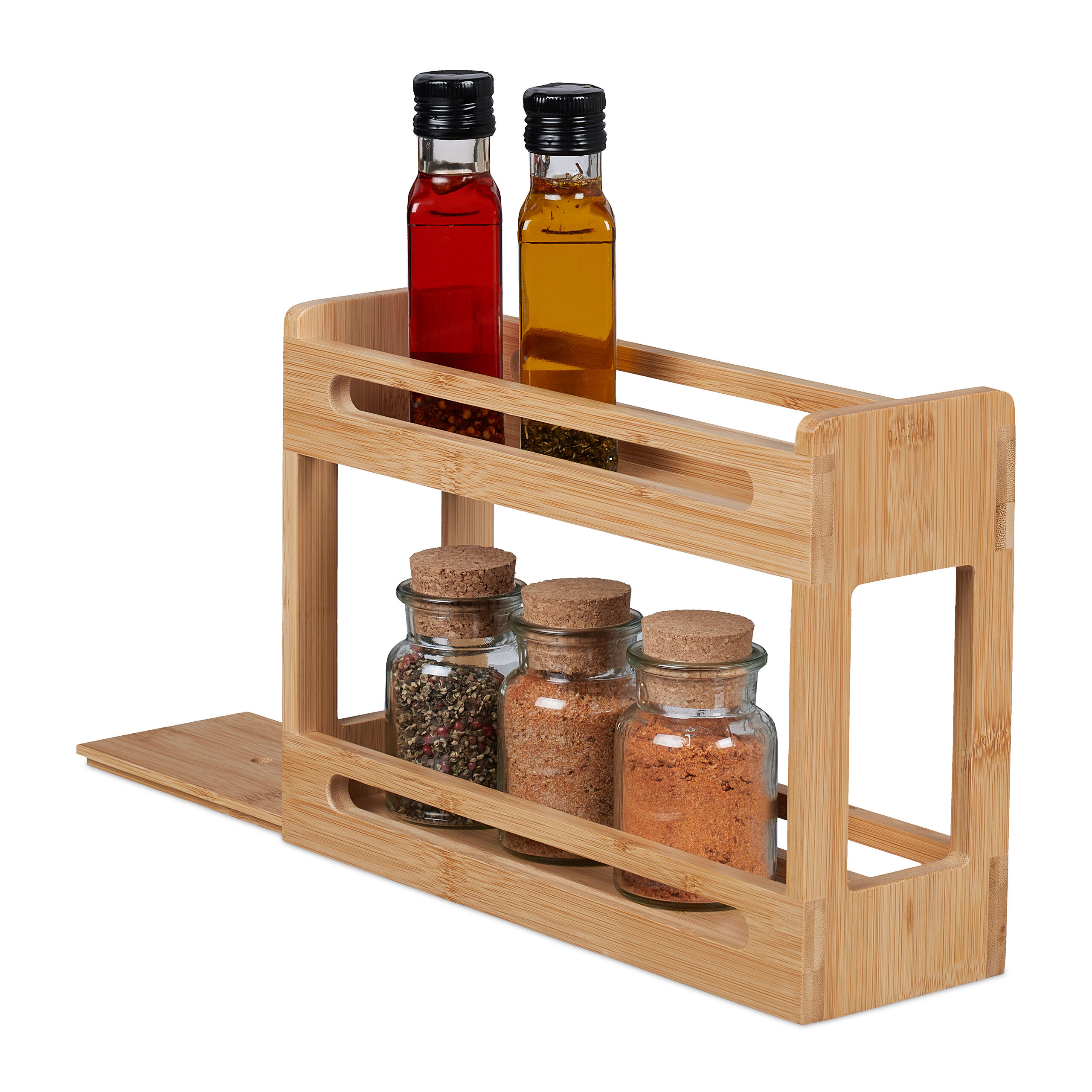 TEMU Extractable Spice Rack, 2 Shelves, Bamboo, 21.5 X 30.5 X 10.5 Cm, 55 Cm Width When , Natural Finish, Assembly With Screws Or Adhesive, For