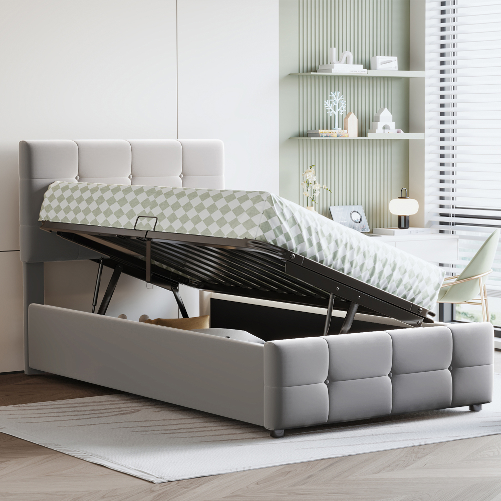 90x200 Cm, Upholstered Bed With Hydraulic Storage, Velvet Cover, Button Design Headboard, Stable Wood Construction