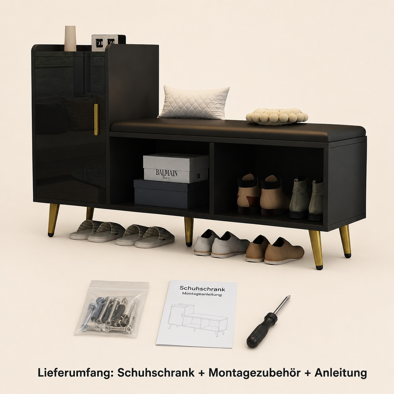 Image of Luxury 3-in-1 Shoe Cabinet With Bench, Entryway Storage Cabinet, Black With Gold Accents, High-