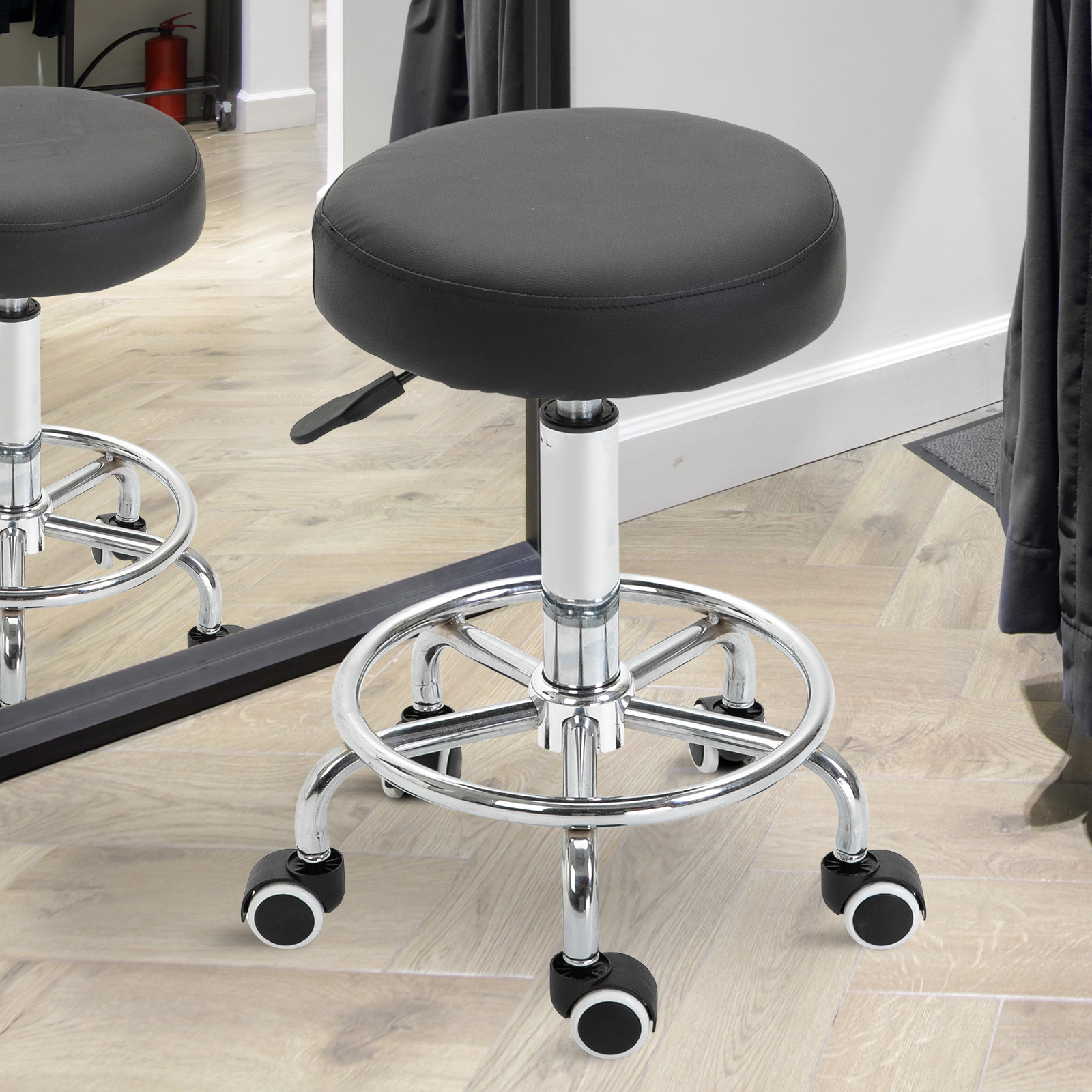 Vinsetto Rolling Stool Height Adjustable Work Stool With Foot Ring, Swivel Salon Stool Swivel Stool With Wheels Leather Black 42 X 42 X 50-64 Cm