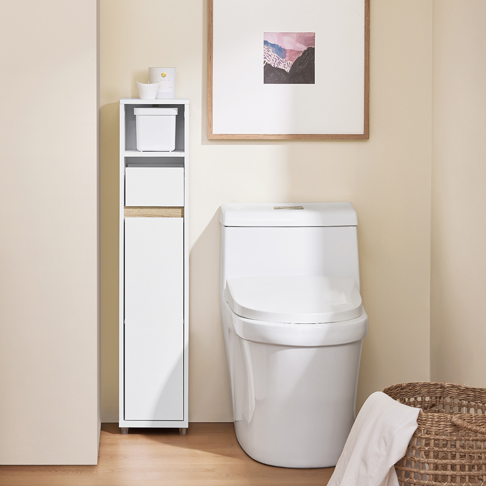 Image of 1pc Of Bathroom Furniture For Small Rooms - Compact Cabinet Furniture With Adjustable Shelf And Drawer, For Bathroom - Toilet Furniture Made Of Wood, White, 20x20x96 Cm - Cas252-x