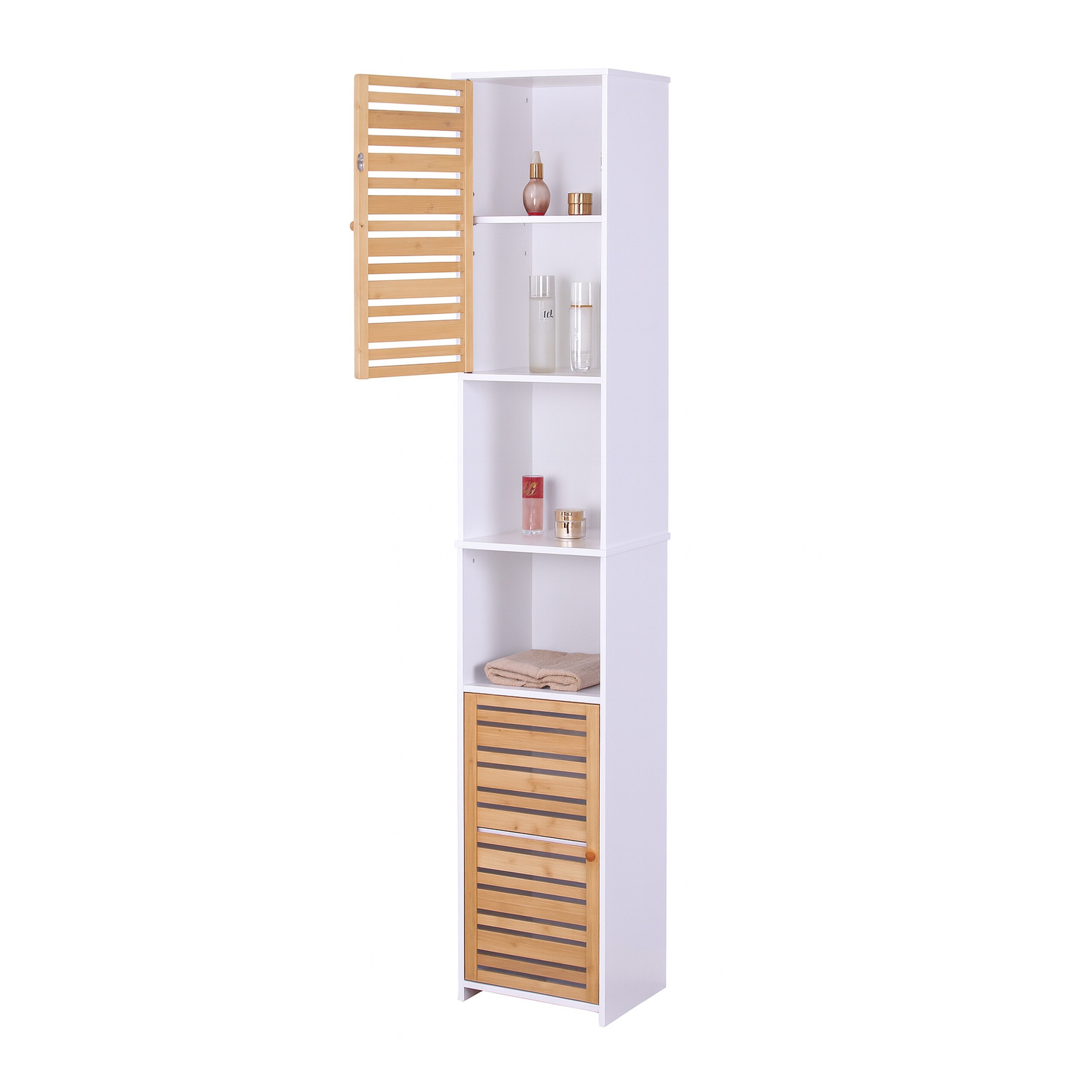 TEMU Armoire de salle de bain haute, 6 compartiments, 190 x 34 x 29 cm, MDF et bambou, blanc/naturel, 4 compartiments fermés et 2 étagères ouvertes,