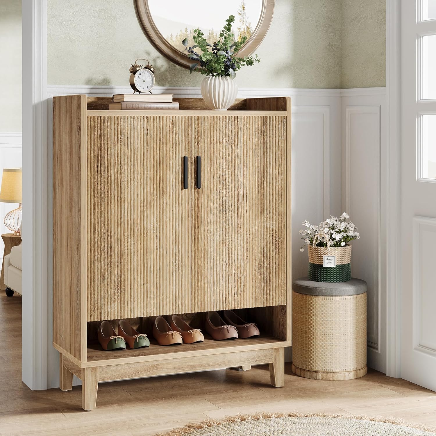 Image of Vintage Shoe Cabinet With Doors, 20-pair Entryway Shoe Storage Cabinet, Farmhouse Shoe Organizer Rack Storage For Entryway Hallway Closet, Natural