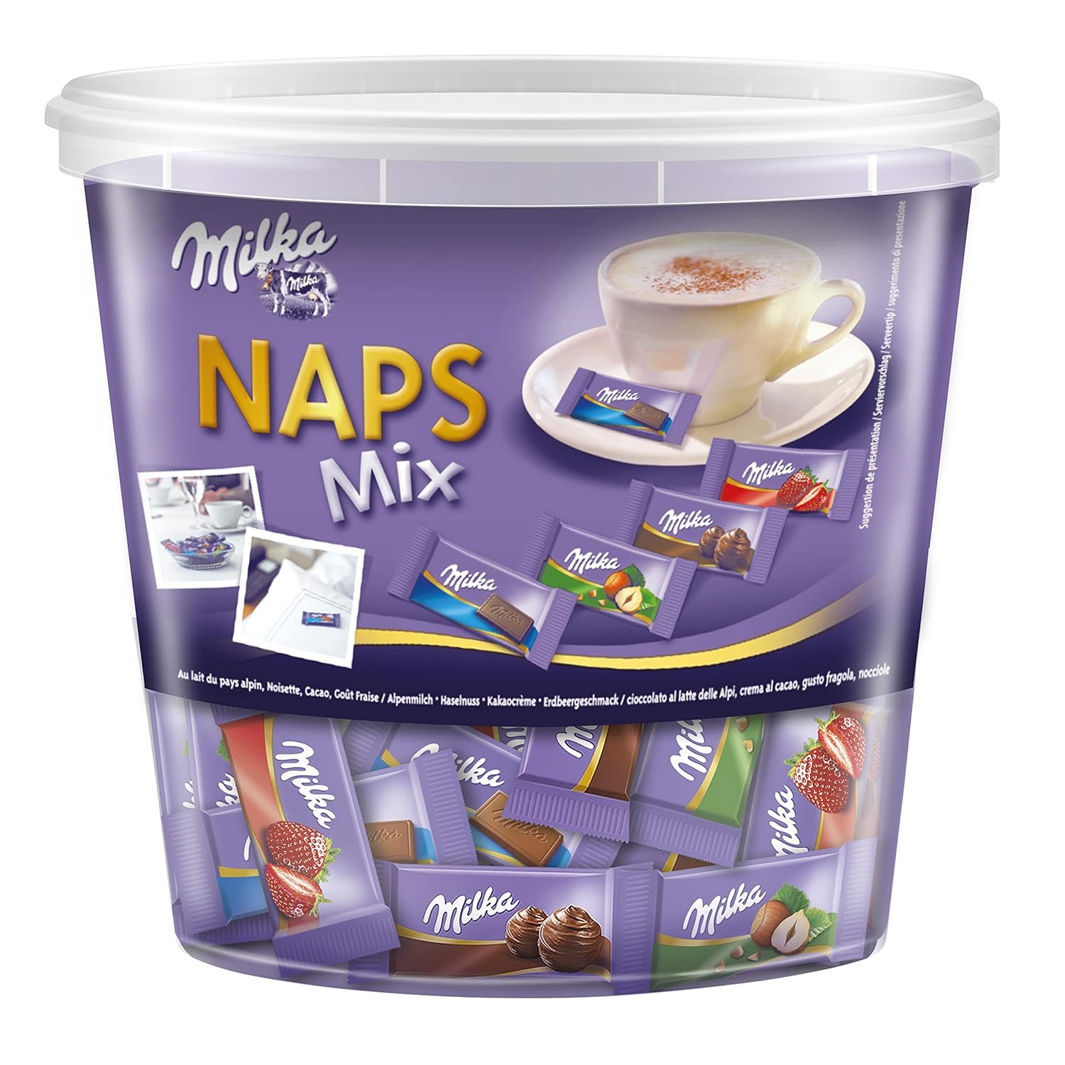 Image of Milka Naps Mix 1 X 1kg Tin, Delicate Mini Chocolate Bars From Alpine Milk, Strawberry, Hazelnut, And Creamy Cocoa