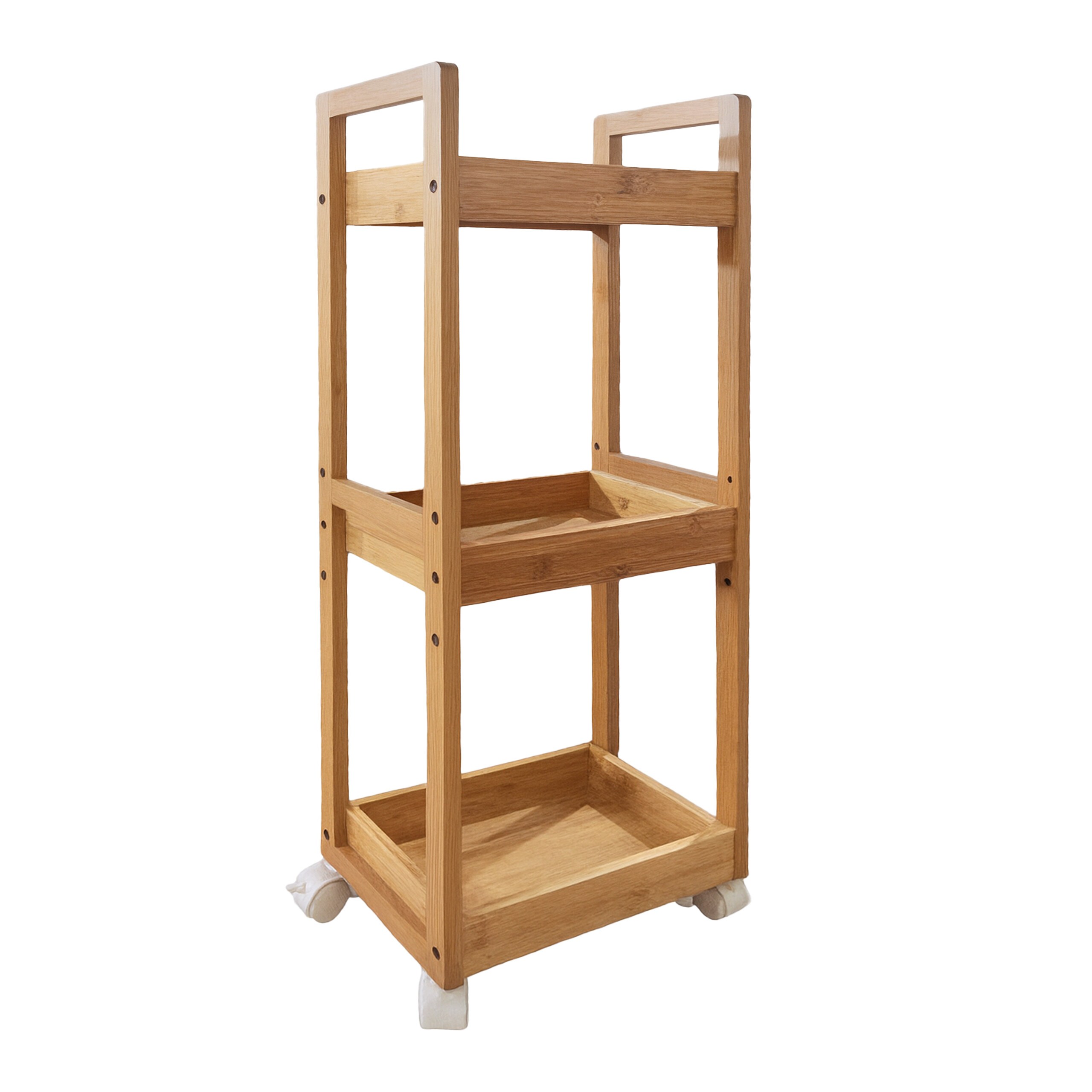 TEMU Carrello stretto, 3 ripiani, 80 x 30 x 20 cm, bamb羅 e MDF, naturale, ripiano regolabile in altezza, 4 ruote con 2 freni, feltrini, per bagno,