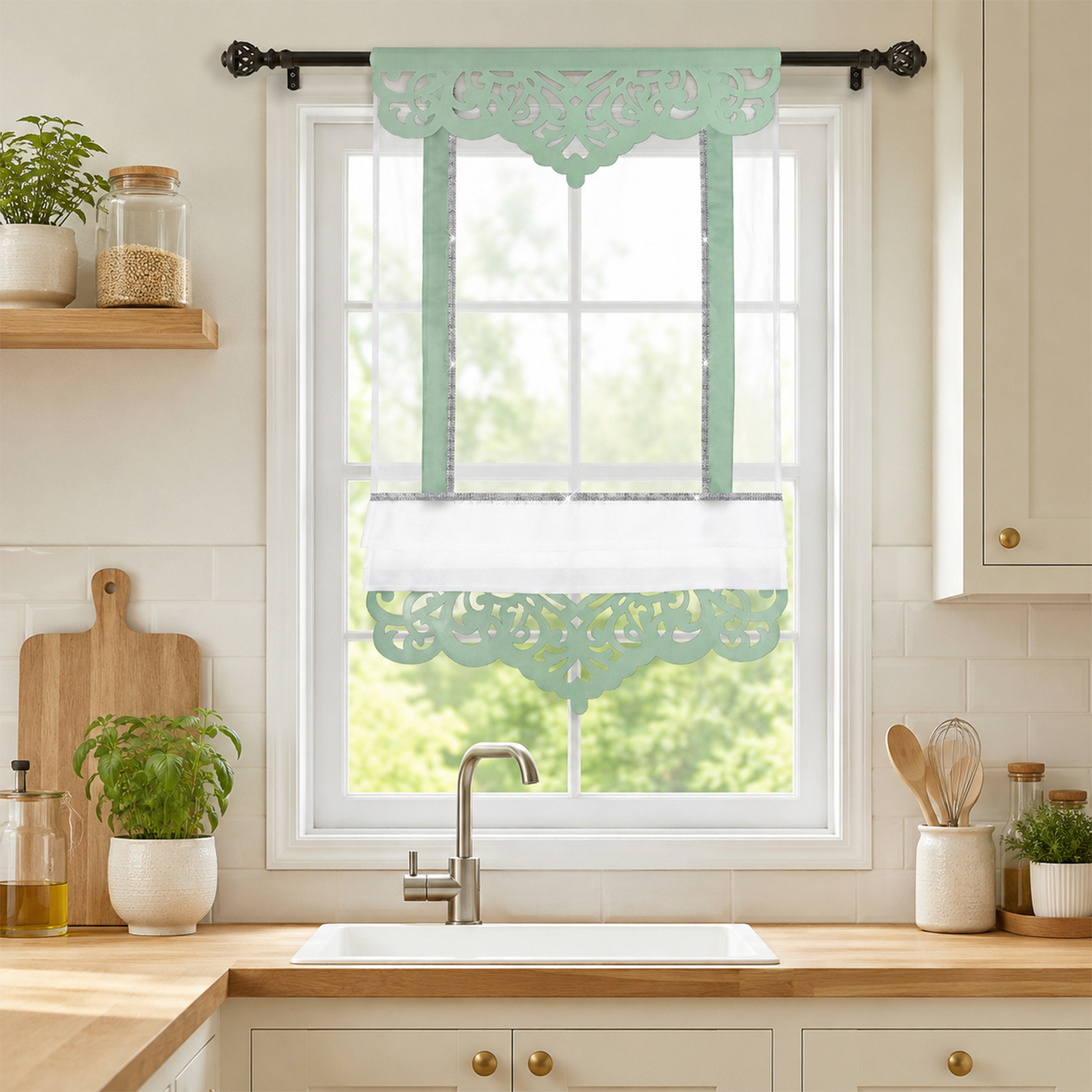 Image of 1pc Elegant Kitchen Curtain, Semi Sheer With Laser Cut Pattern | Rhinestone Trim Short Curtain, Window Curtain For Kitchen, Living Room | Classic , Light Filtering, Rod Pocket