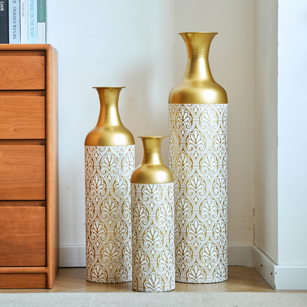 Image of Golden Vase Set (50/66/83 Cm) | Large Floor Vases With Floral Pattern | As A Planter For Plants | For Living Room, Hallway, Office – Stylish Vintage Decoration