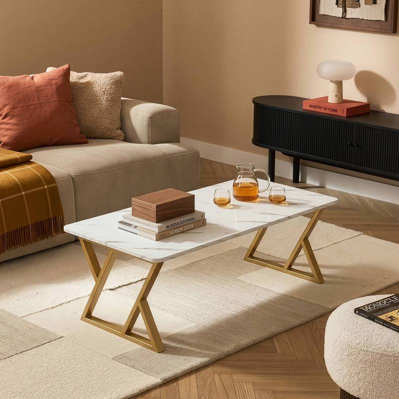 Coffee Table 120 X 60 X 46 Cm Rectangular Metal Frame, Gold Finish/marble Look, White