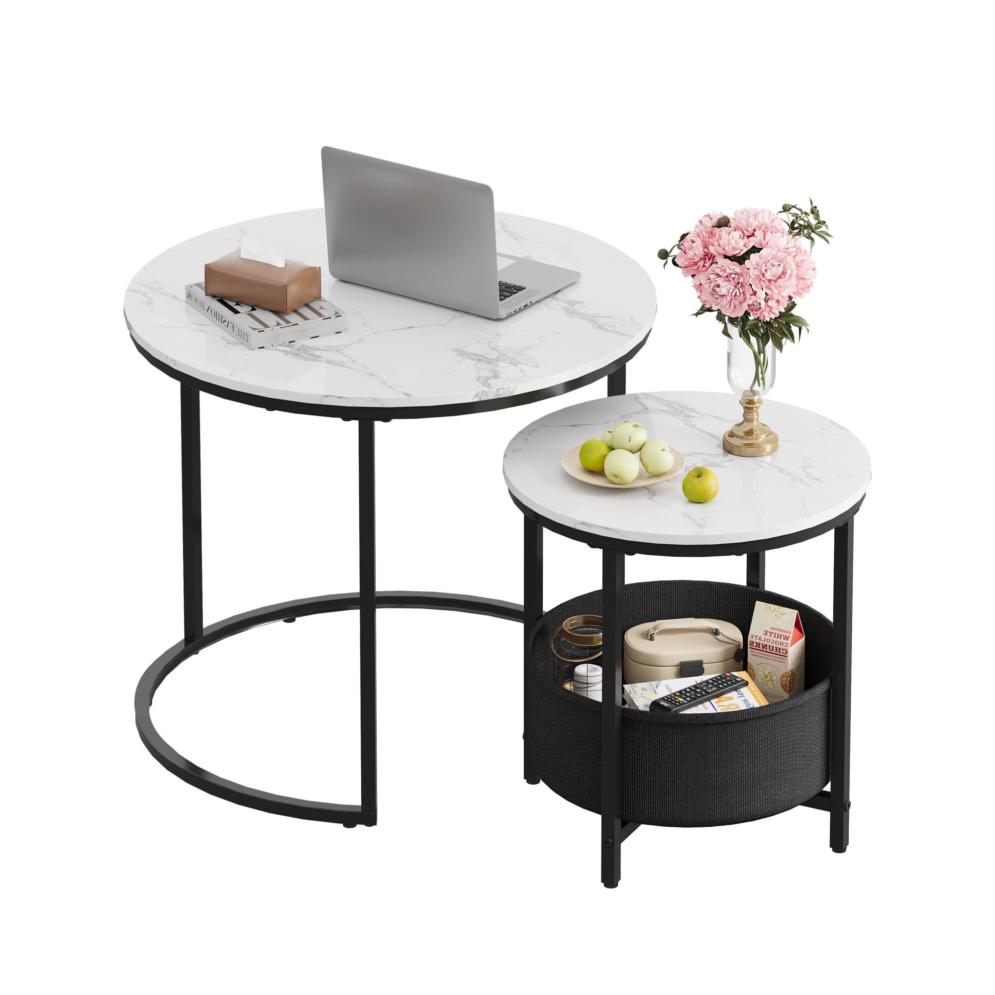 TEMU Round Coffee Tables, Nest Of Tables Set Of 2 With Fabric Storage Basket, Sturdy Metal Frame, Wooden Sofa Side Table For Living Room, Bedroom,