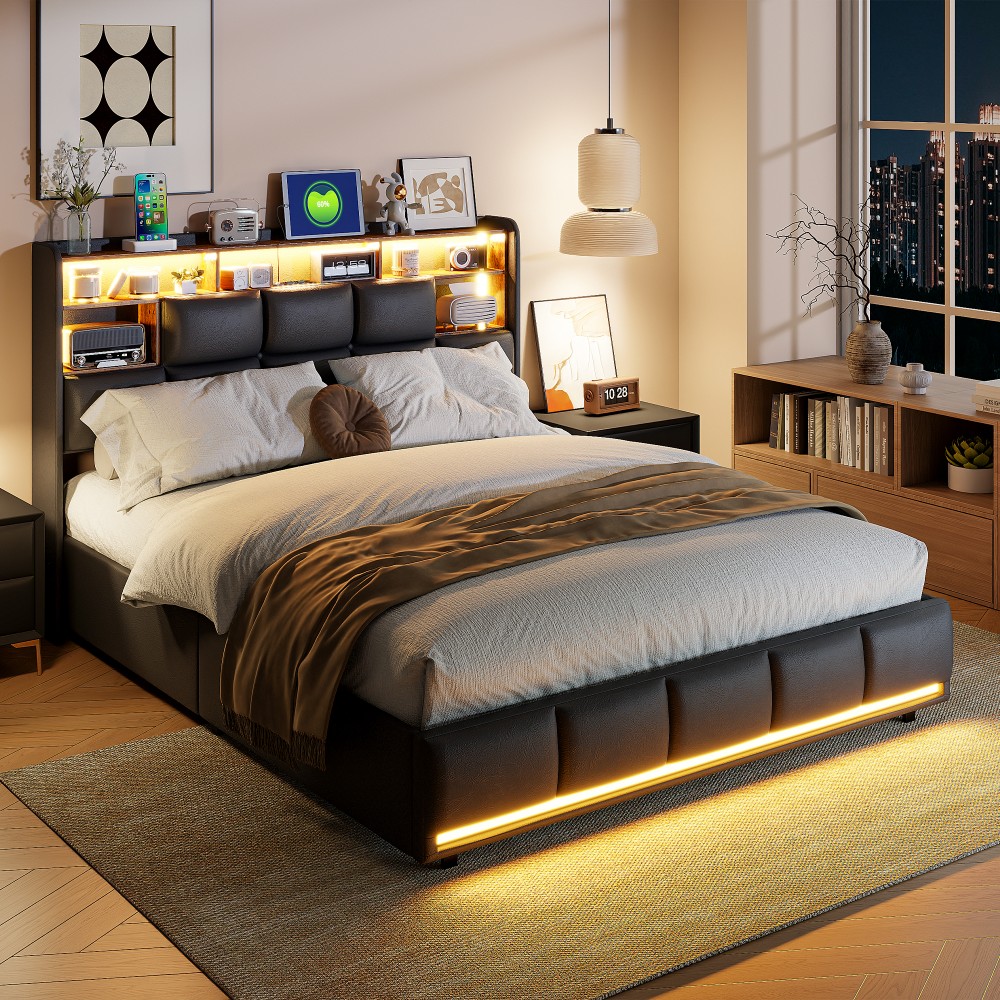 TEMU Lit Double Halloween avec Rangement, Éclairage LED, Bande Lumineuse Tête de Lit, Bande Lumineuse Pied de Lit, Fonction de Rangement à Ressort à