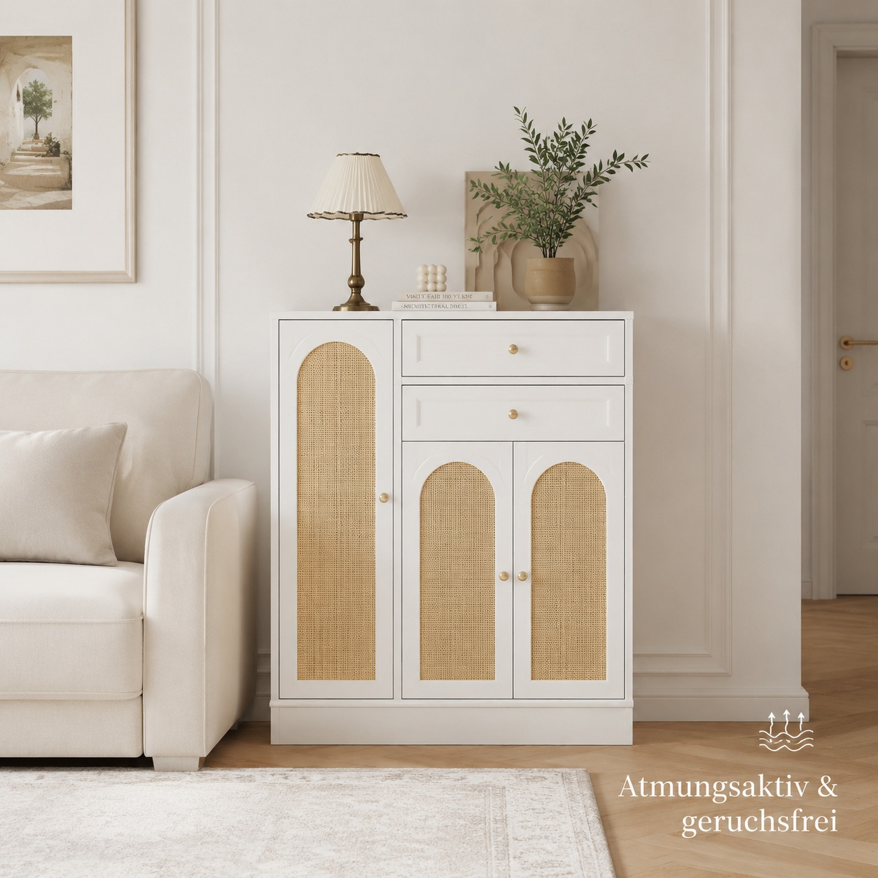 Image of Rattan Shoe Cabinet 90 X 35 X 110 Cm White With 1 Drawer & 3 Doors, Height-adjustable Shelves For Entrance Hall Living Room.