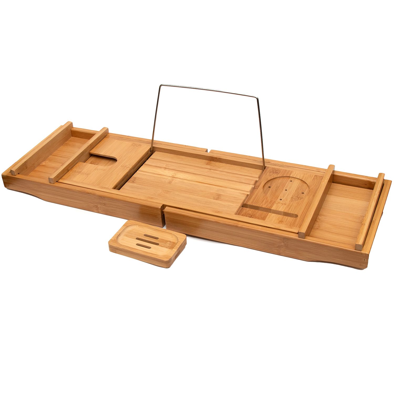 Image of Bamboo Bathtub Tray 75 - 109 X 23 X 4.5 Cm - Adjustable Extendable Tray With Soap Dish Holder For Books, Candle, Wine Glass, Phone, Bathtub Caddy