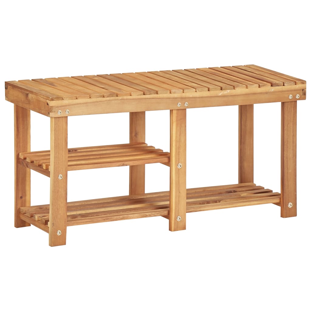Image of Vidaxl Solid Acacia Wood Shoe Rack With 2 Tiered Shelves Bench Shoe Stand Shoe Storage Shoe Cabinet Bank Bathroom Shelf 90x32x46cm