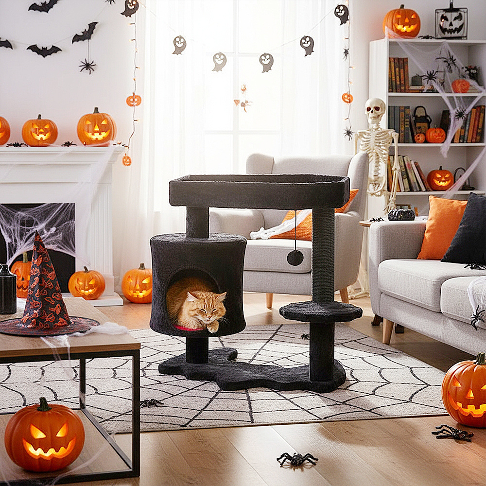 TEMU Gothic Cat Tree With Coffin Bed, Goth Tower, Condo, Scratching Post, Hanging Ball - Black Red Halloween Kitten Pet Furniture