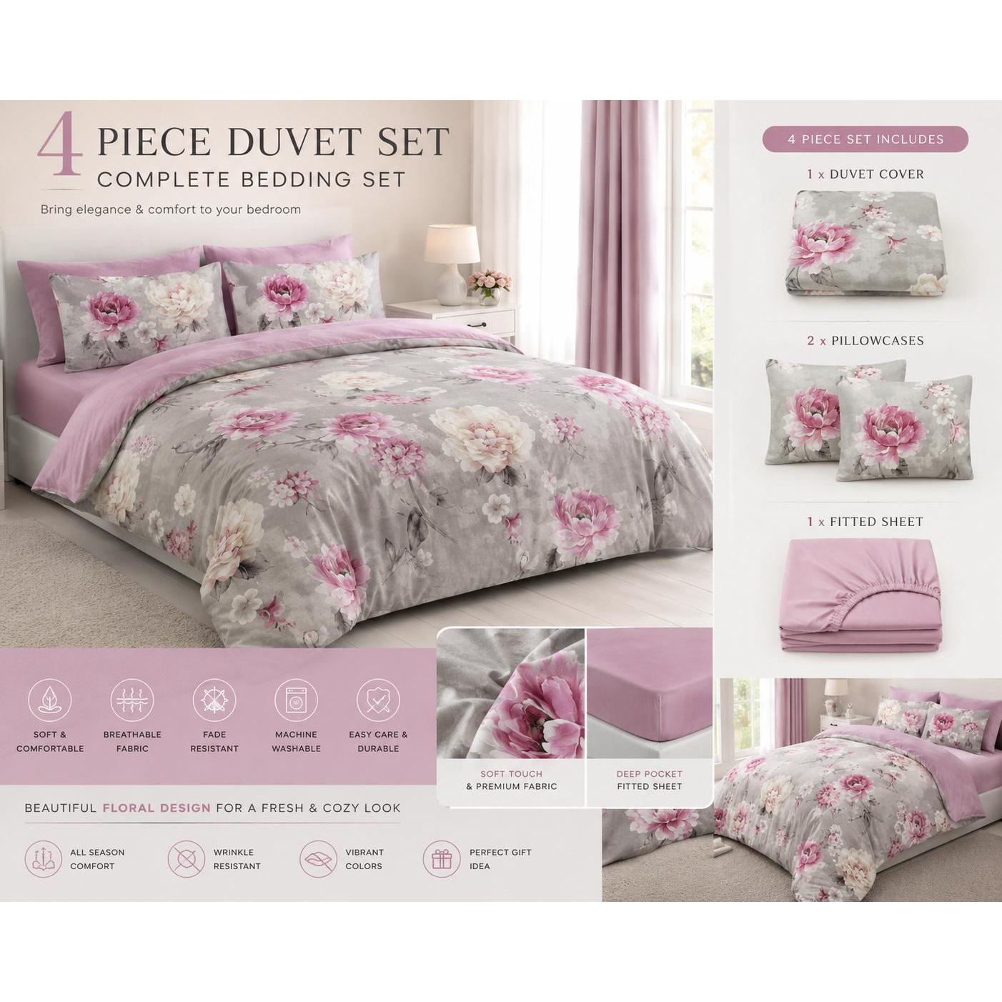 TEMU 4pcs Printed Complete Bedding Sets Soft Stylish Set Multiple Floral Designs And Colours