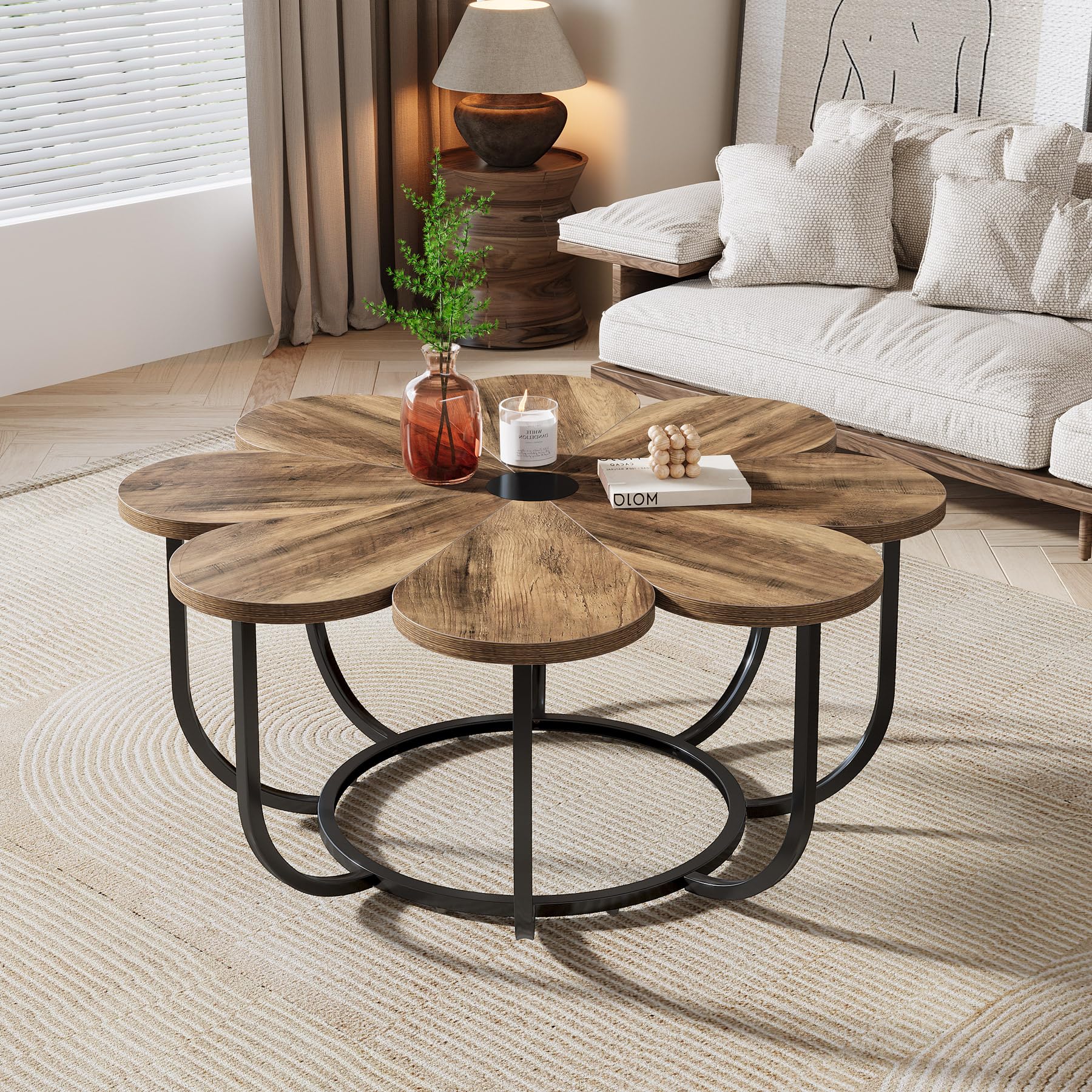 Image of Vintage Coffee Table, Shape Coffee Table With Faux , 100 Cm Large Floral Accent Table With Metal Frame, Sofa Table For Living Room, Bedroom, Lounge, Brown And Black