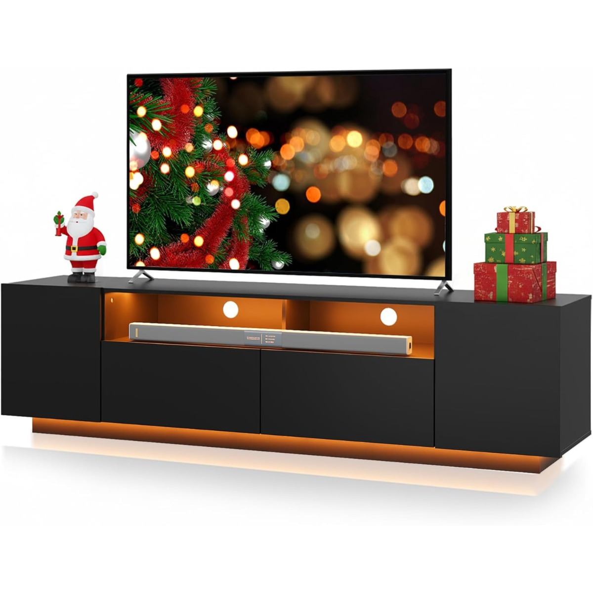 Image of Tv Cabinet Lowboard High Gloss, Tv Board With Cabinets And 2 Open Surfaces, Tv Table With Folding Door, 170 X 36 X
