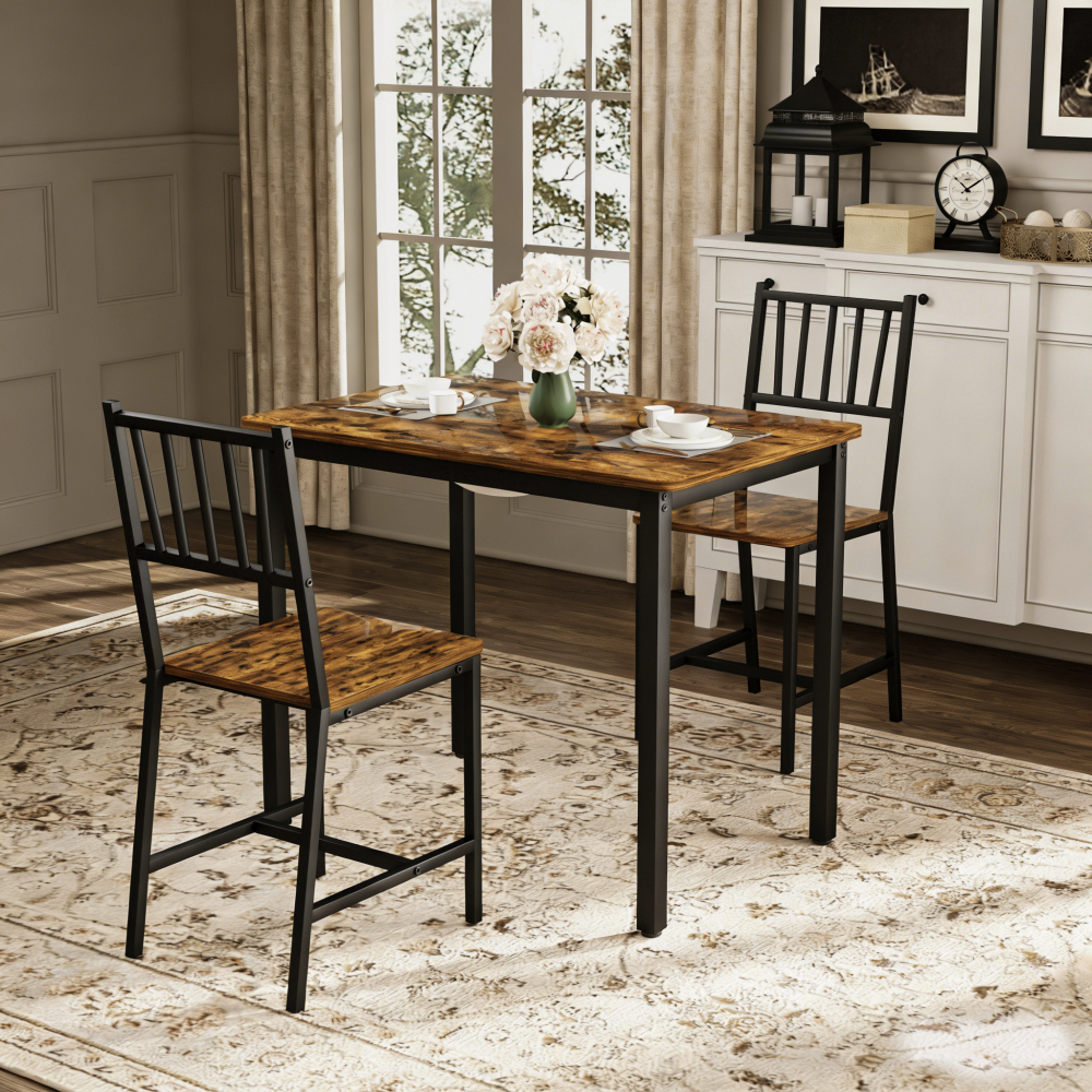 Image of 3-part Industrial Dining Table Set, Metal Frame + Chipboard – Water-resistant Table Top – Retro Vintage + Black – For Small Apartments, Kitchen, Home Office – As A Desk – 30-minute Assembly