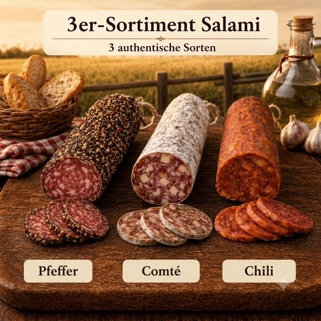 Image of 3-piece Salami Assortment - Flavors Pepper, Comté, And Chili ◈ 100% French Salami ◈ Natural Casings And Hand-tied ◈ Artisanal Production By Chillet House Since 1902