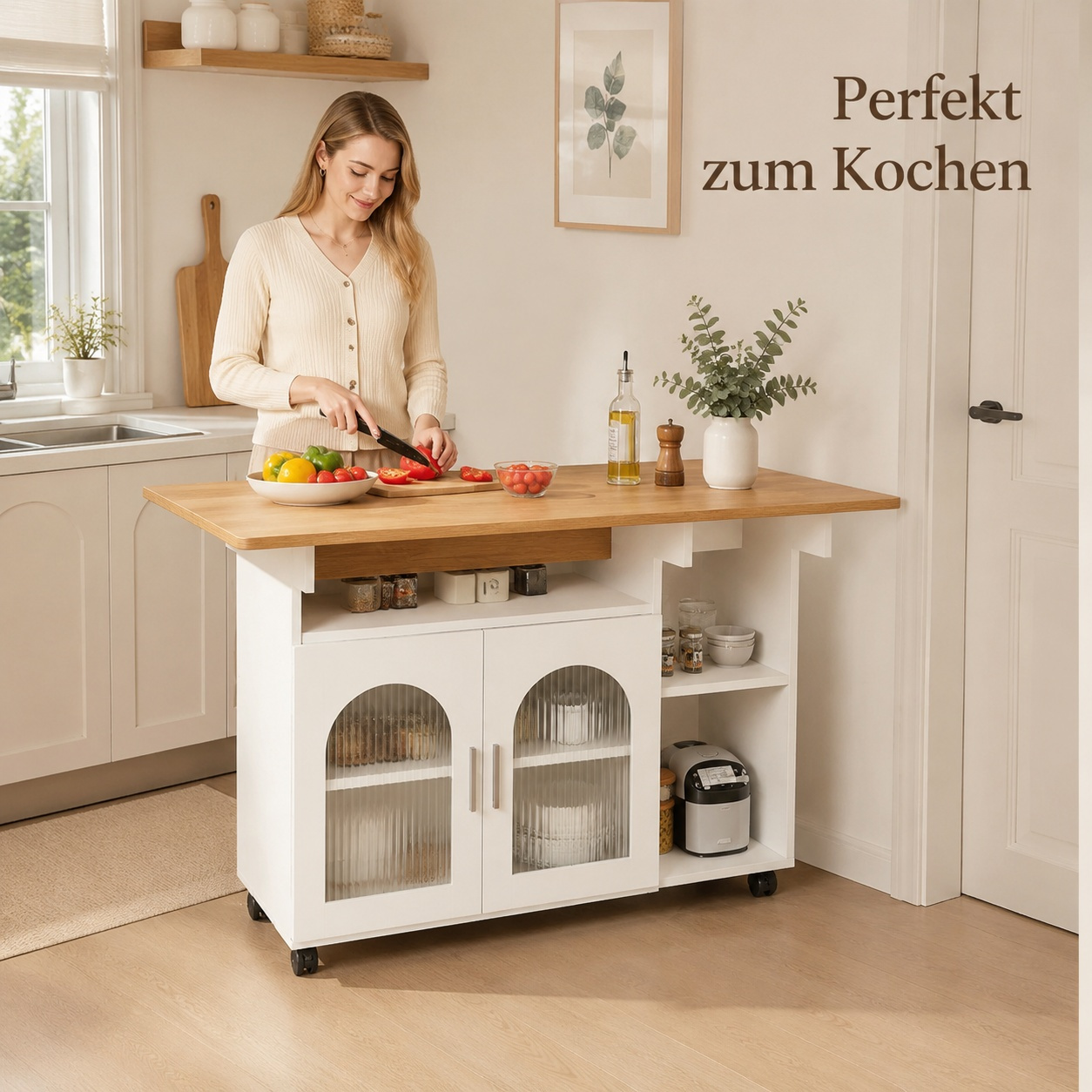 Image of Kitchen Cart With Foldable Dining Table, 120x30x79.5 Cm, 2 Closed Compartments + Open Shelves, Folding Leg Design, Rubber Wheels Floor-protecting, For Home.