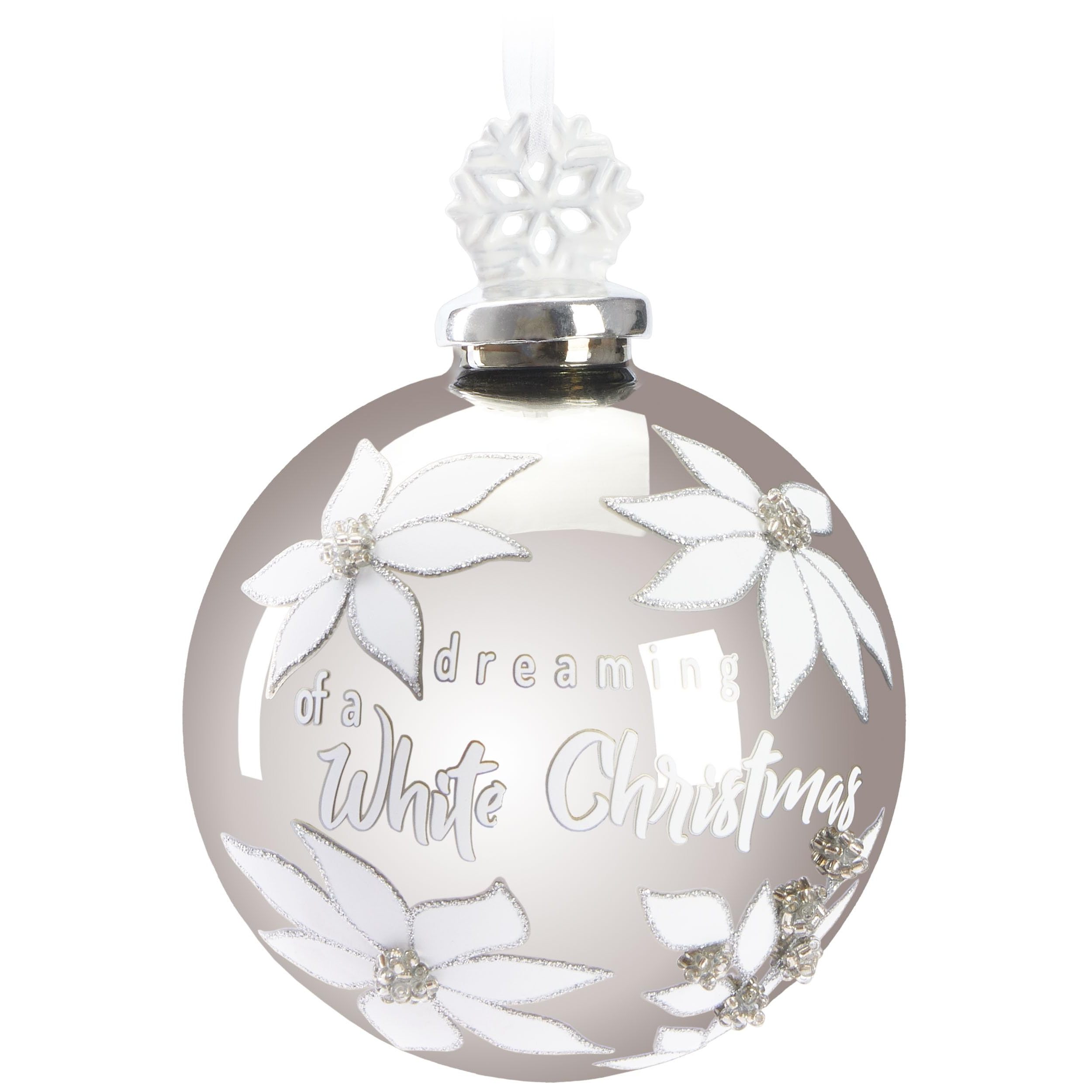 Image of Brubaker Premium Christmas Ball Of A White Christmas - 10 Cm Ball With Porcelain Snowflake Figure - Silvery Christmas Tree Ball With Glitter And White Flowers