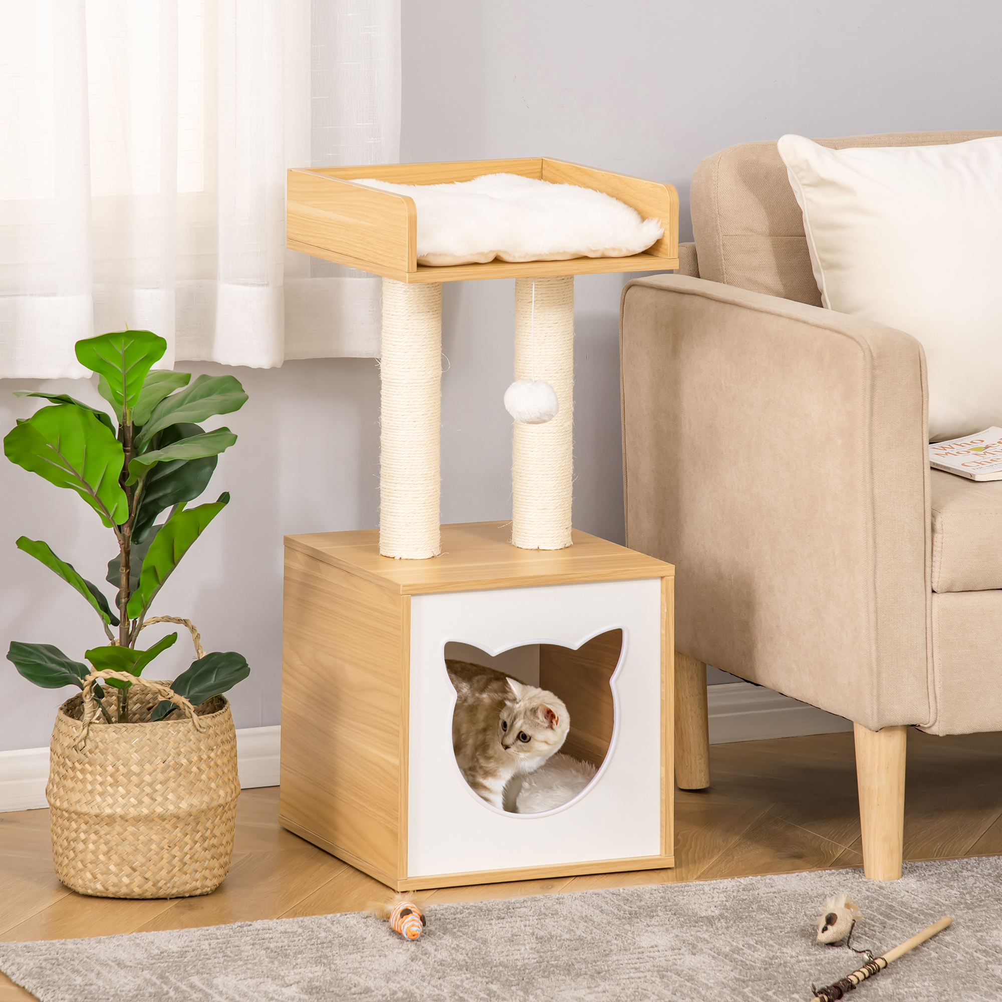 Cat Cave Cat Bed With Washable Cushion, Platform, Scratching Post, Play Ball, Indoor Cat House For Cats, 35 X 35 X 81 Cm, Oak