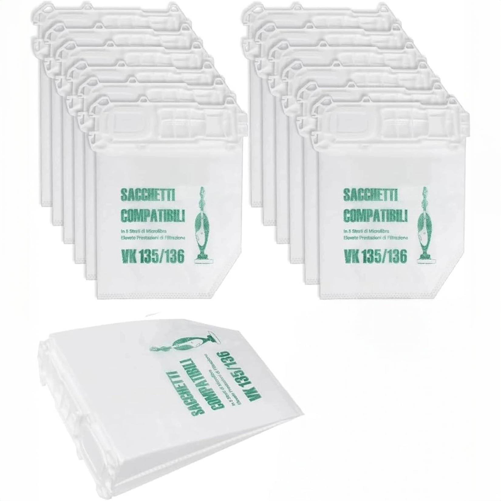 TEMU Sacchetti Compatibili per Folletto VK135/136, 6 Pezzi, 5 in Microfibra, Filtrazione, Trattiene le Micropolveri