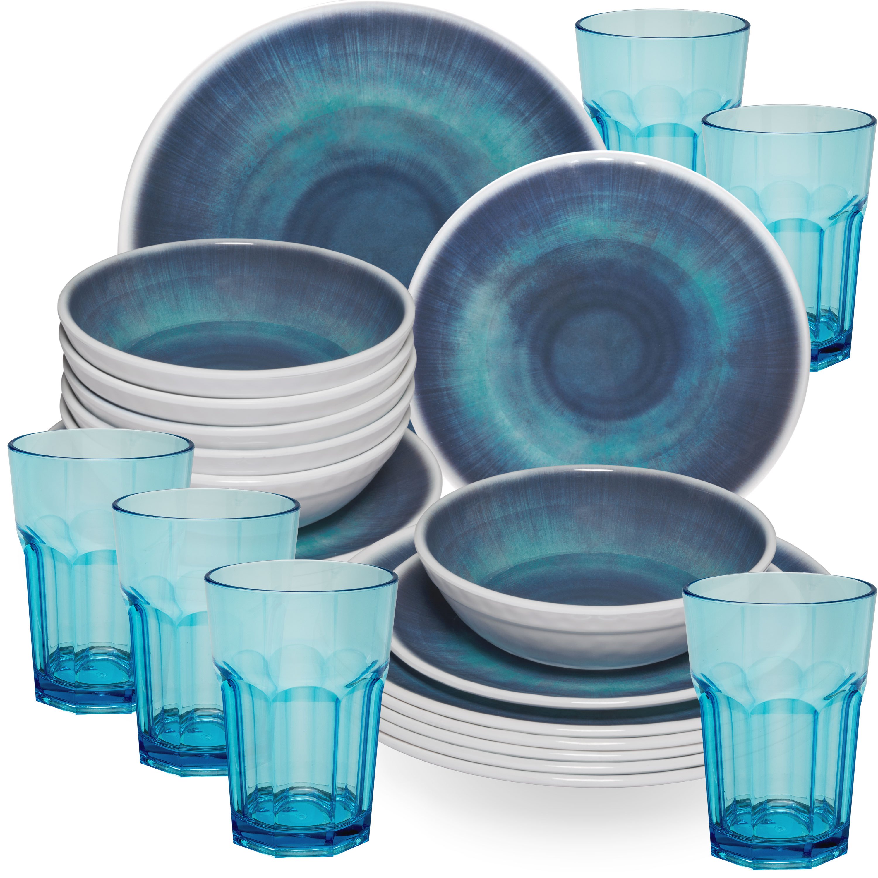 Image of Camping Dishware Blue For 6 People - 24pcs - With Color-matching Acrylic Drinking Glasses 400ml, Modern Camping Dishware Set, Table Dishware, Colorful Camping Dishware