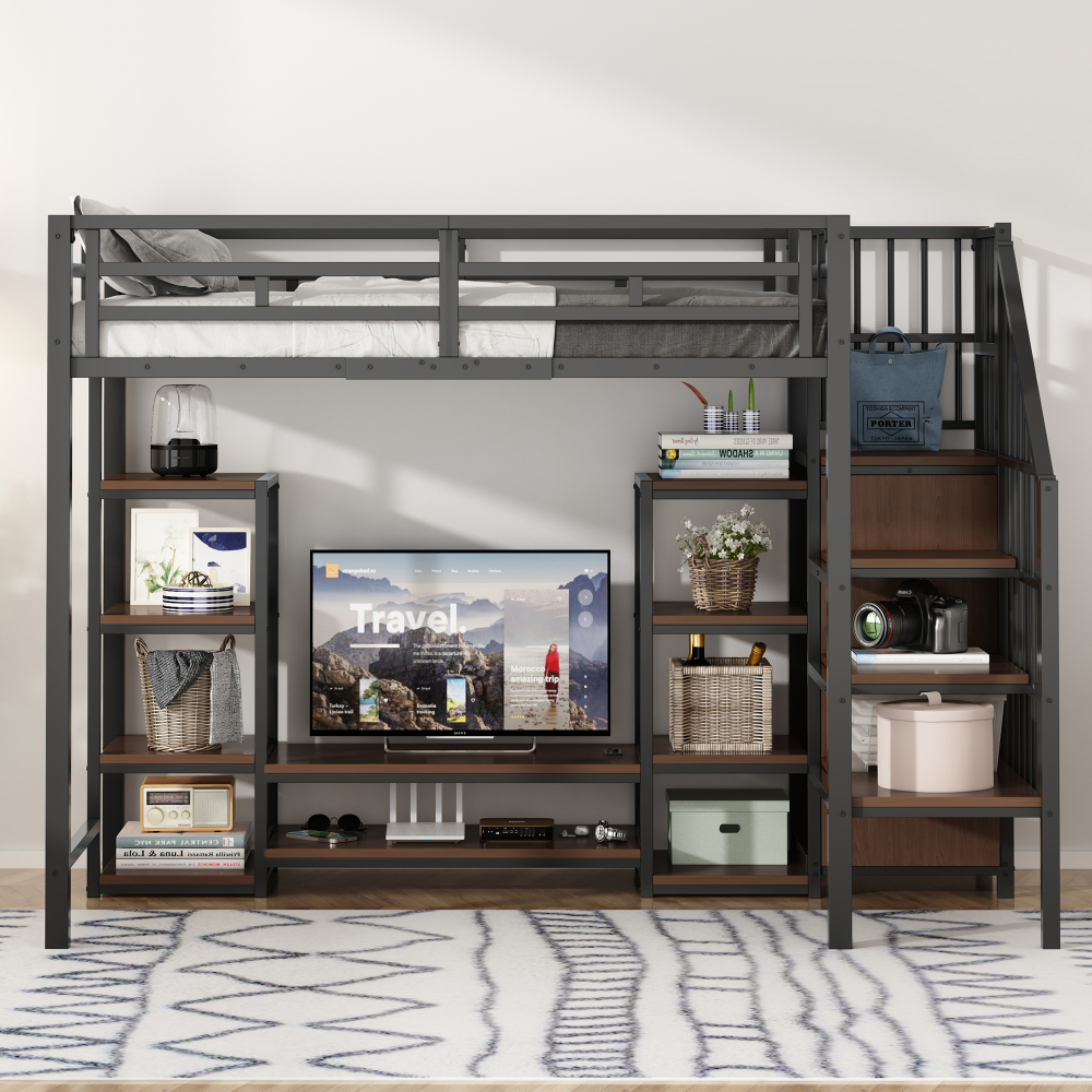 90x200cm, Bed Combination With Tv Stand | Space- Design With Learning/relaxation Area | Storage Ladder | For Student Dormitory & Small Apartment