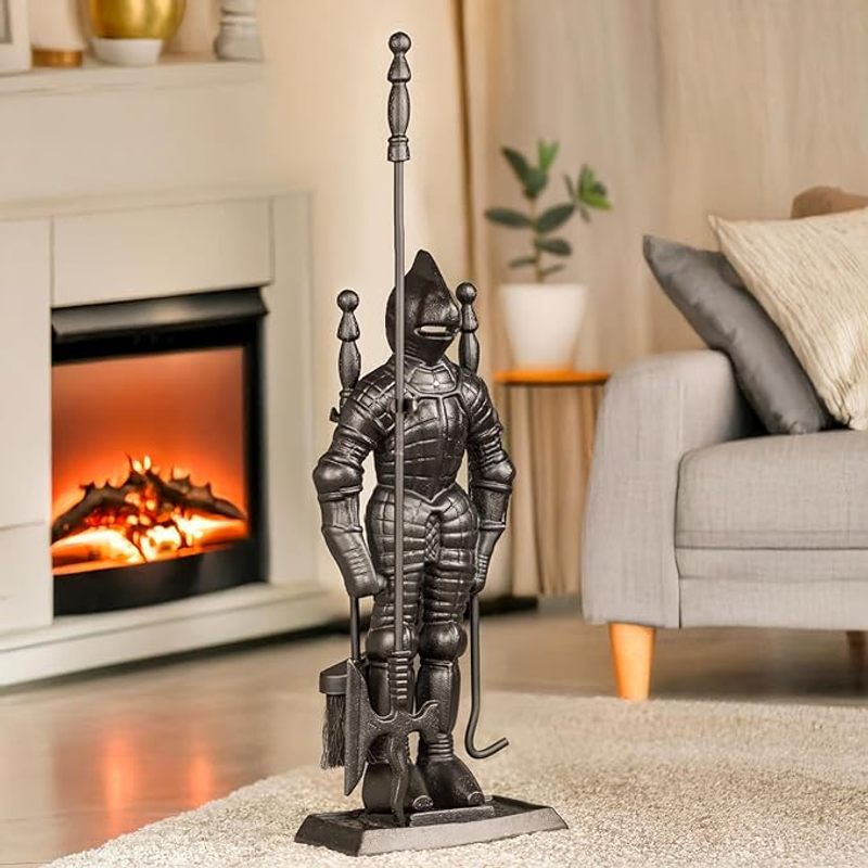 TEMU 5pcs Knight Fireside Companion Set Heavy Duty Steel Companion Sets For Log Burners Fireplaces Hard Wearing Black Fire Poker Set Fireplace Tool