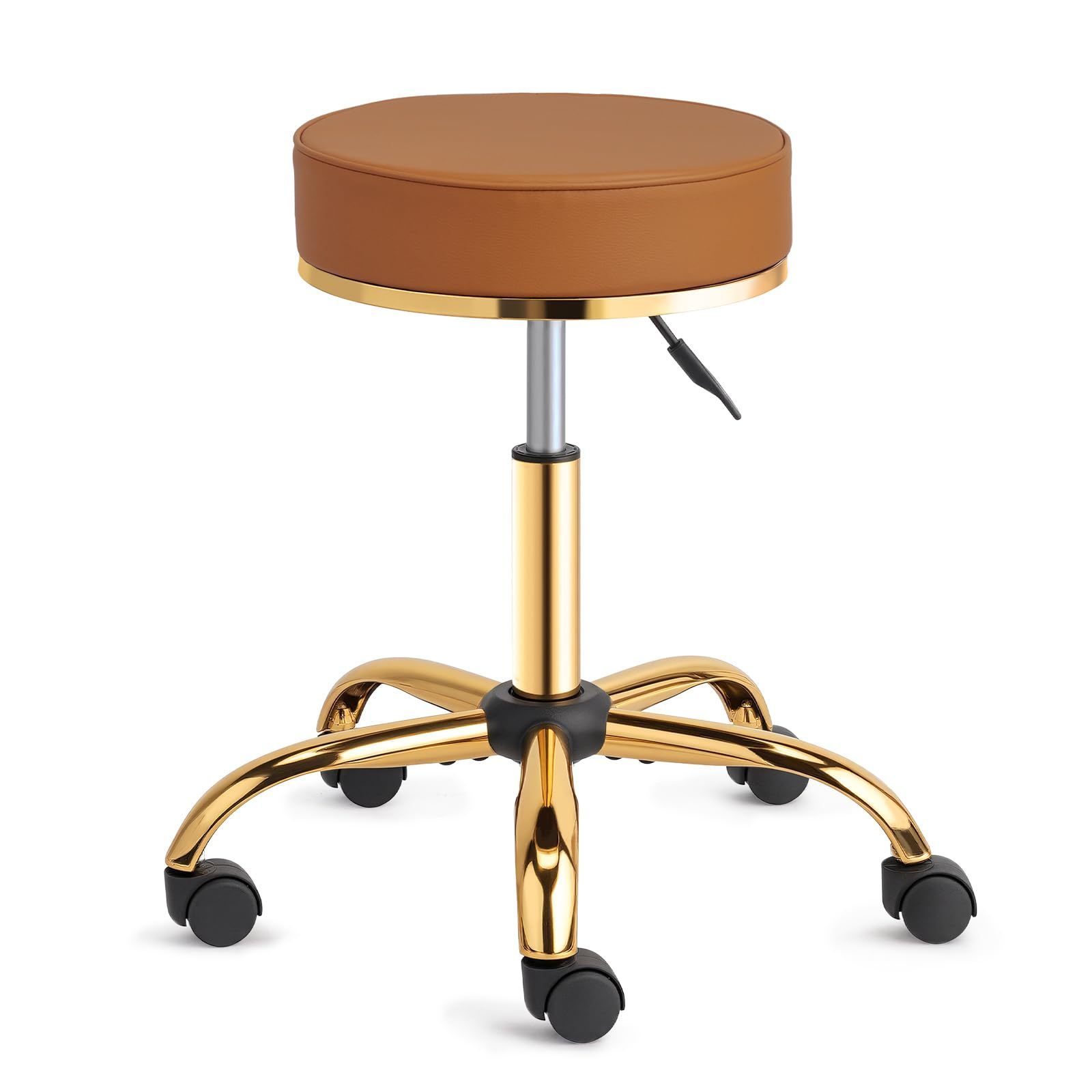 Image of Height-adjustable Stool 48-63 Cm, 360° Rotatable Stool With Wheels, 150 Kg Load Capacity, Swivel Stool Made Of Semi-pu Leather, Work Stool For Salon, Office And Bar, Brown-golden, 36x36x63 Cm