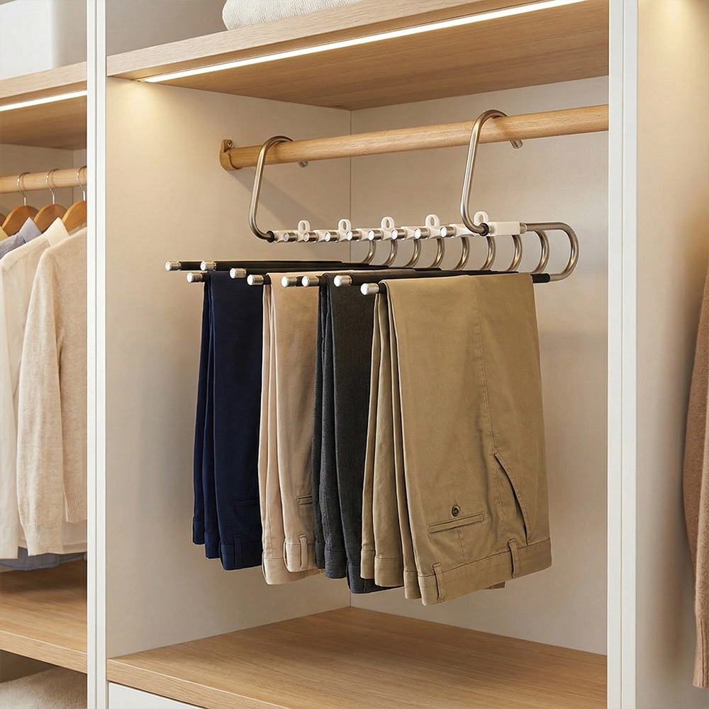 TEMU Stainless Steel Pants Trouser Hanger Multi Layer Clothes Storage Rack Non Slip Bar Space Saver, Foldable 9 In 1 Trouser Hangers, 9-layer 2 Uses