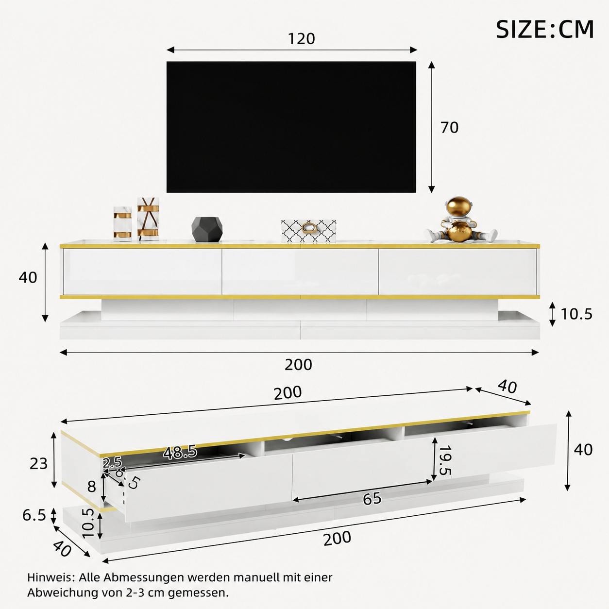 Image of Modern Tv Cabinet In Light White High Gloss 200cm With 3 Storage Drawers For Living Room