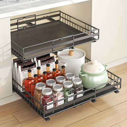 2pcs 1pc pull out cabinet organizers peel stick slide out drawer for kitchen multifunctional storage rack for pots and bowls carbon steel black and white pull out organizers