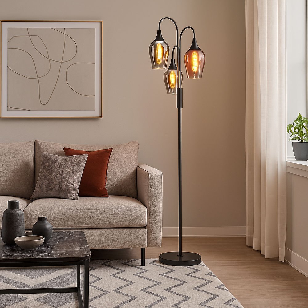 Image of Standing Lamp Glass Living Room Lamp Chrome Arch Lamp Copper, Metal, 3x E27 Sockets, Dxh 43x165 Cm