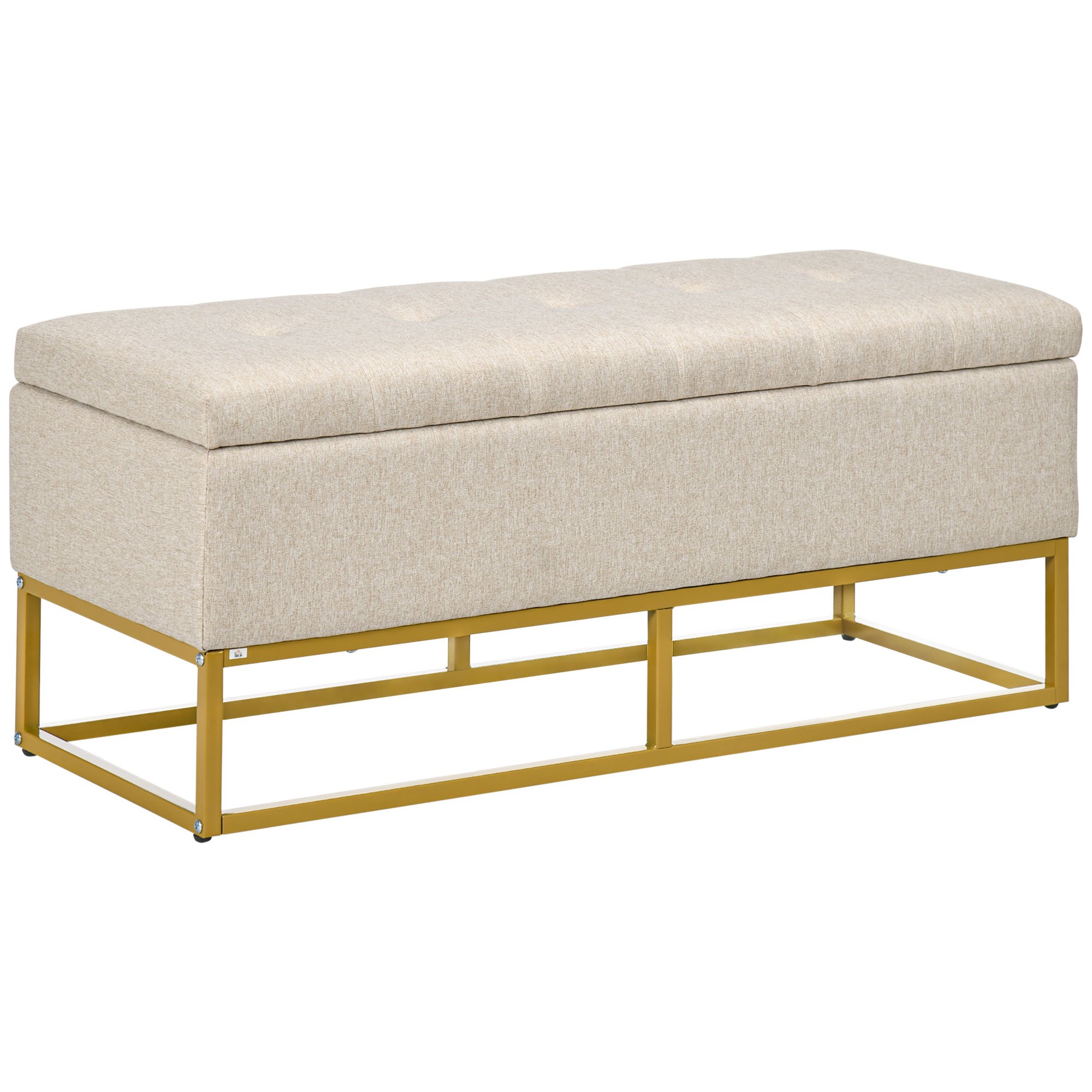 TEMU HOMCOM Banc banquette coffre de rangement assise capitonnée et pieds acier - 110 x 44 x 48 cm beige et doré