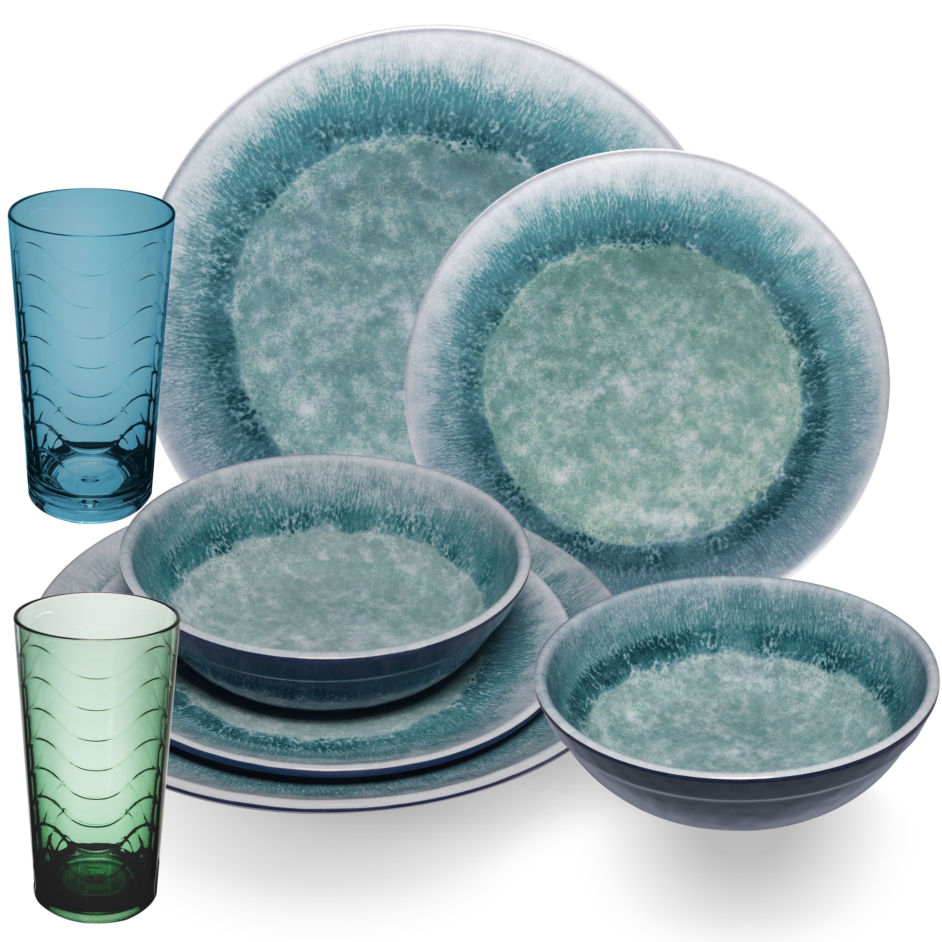Image of Adria Blue Camping Tableware For 2 People - 8-piece Set In Blue - With Matching 260ml Acrylic Drinking Glasses, Camping Accessories, Camping, Festival