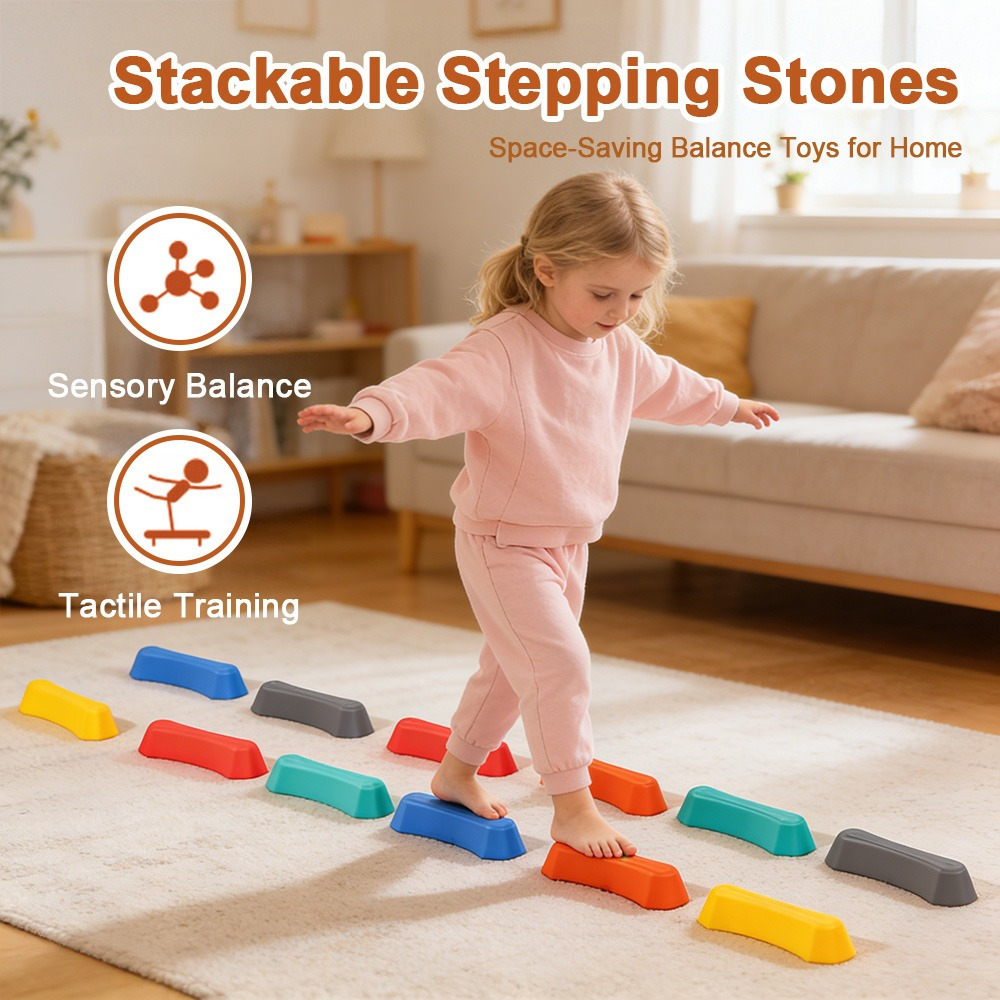 Image of 12pcs Colorful River Stone And Stepping Stone Set, Non-slip Balance Blocks, Indoor And Outdoor Obstacle Course, Sensory Toys For Kids, Children' Equipment