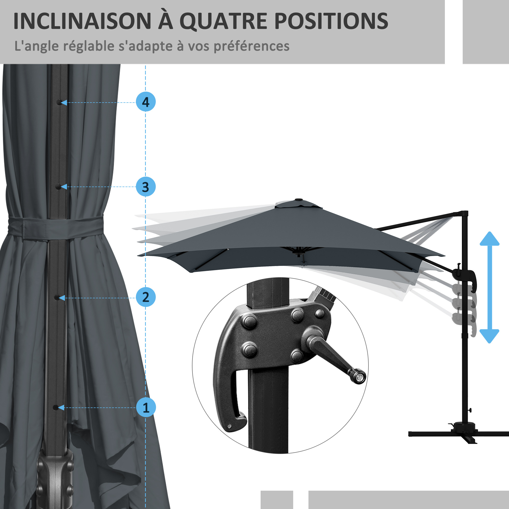 Outsunny Offset Square Tilting 360° Rotating Parasol with Crank Handle - Aluminium 3L X 3L X 2.6H M Dark Grey