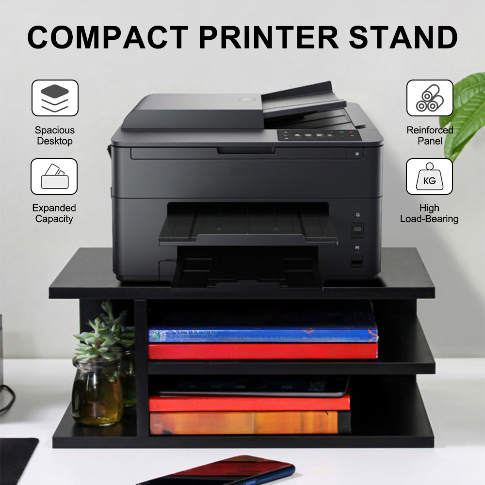 Image of 2-compartment Printer Cabinet, White/black Office Organizer For Printer & Supplies, Space-saving Desk Stand With Storage Shelf, 40x30 Cm