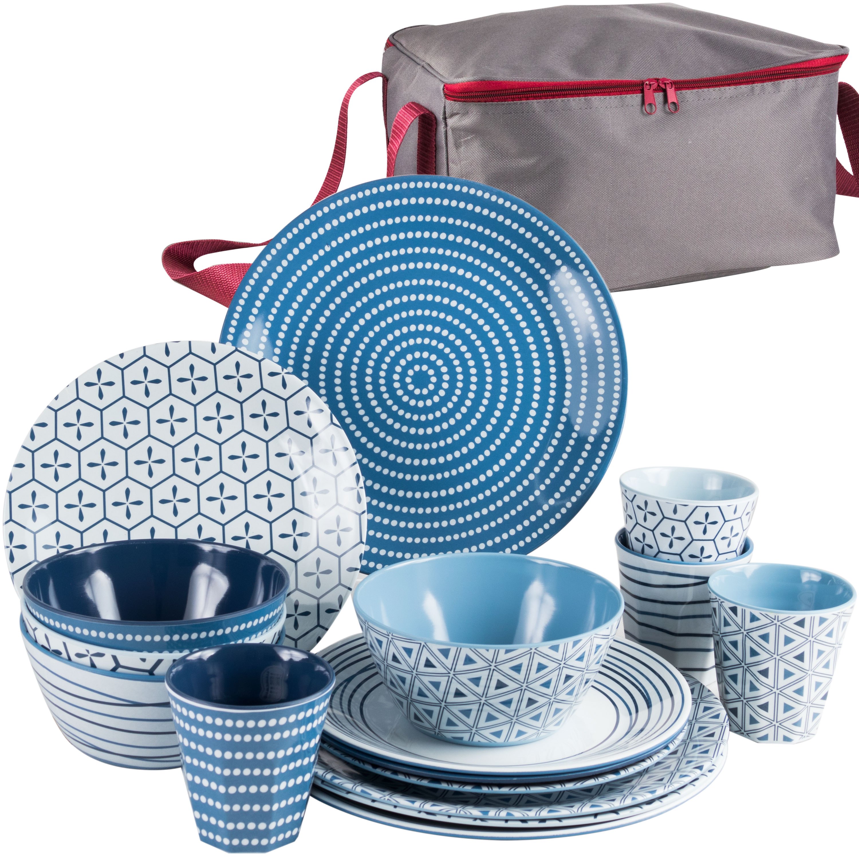 Melamine Dish Set For - 17pcs - Blue - With Storage Bag Camping Dishware Camping Dishware