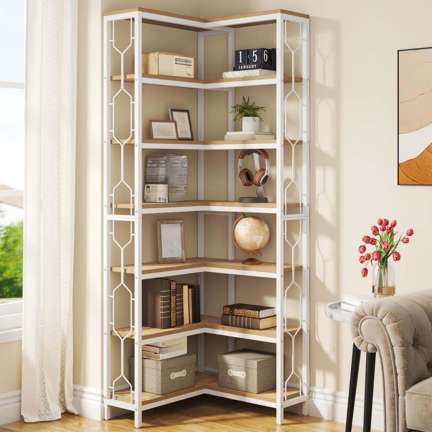 Image of Industrial Corner Shelf Made Of Wood And Metal, 7 Levels, Freestanding Etagere Bookshelf As A Display Shelf For Living Room, Kitchen, And Home Office, In White And Natural.