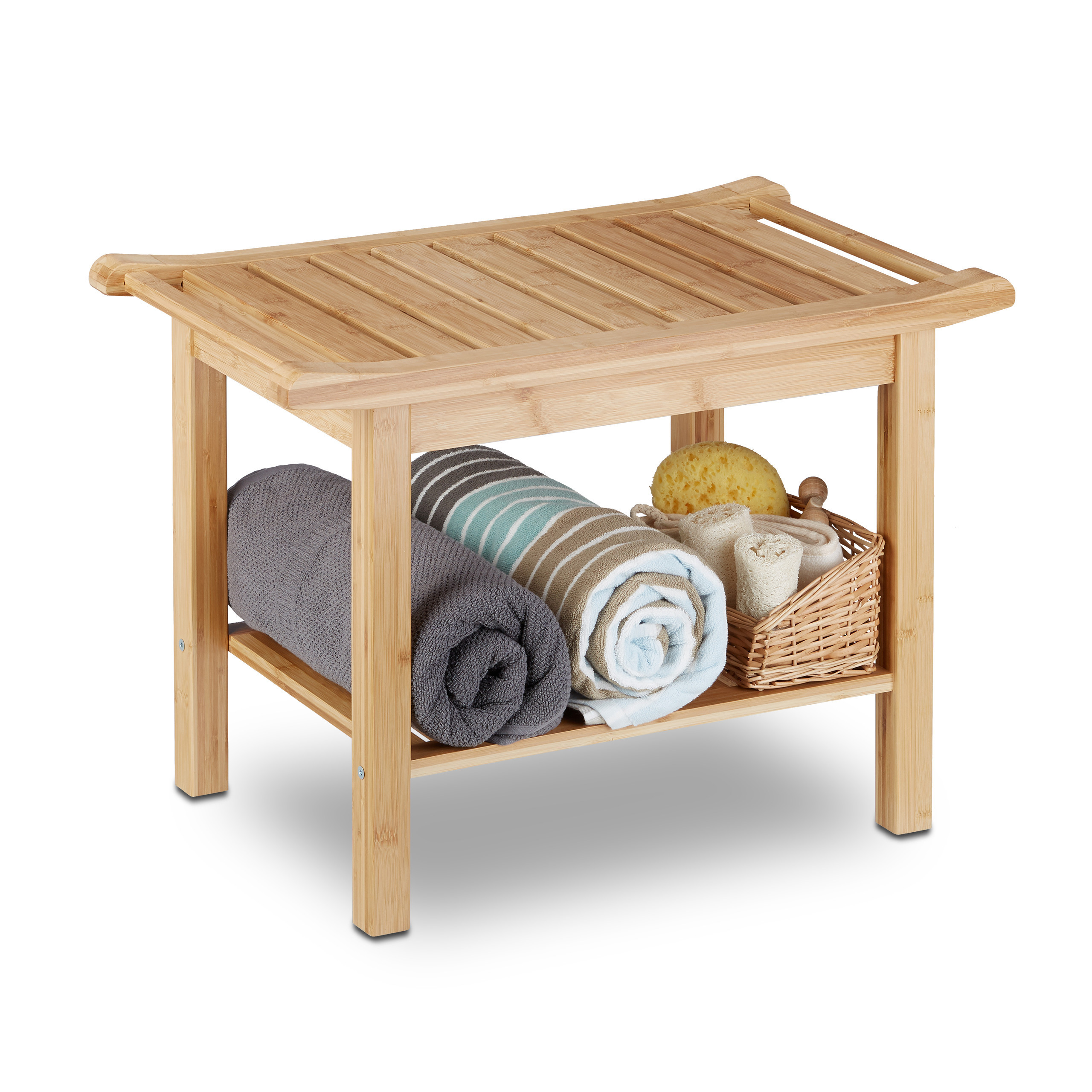 Image of Bamboo Bathroom Bench, 45 X 40 Cm, Natural Wood, With Storage Compartment, Supports Up To 150 Kg, For Bathroom, Hallway, , Conservatory, And Entryway, Seat Bench, Bath Stool, Shoe Rack, Relaxdays