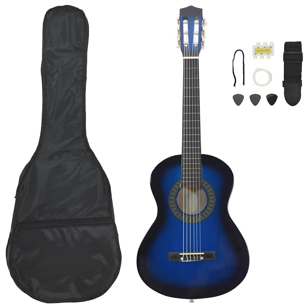 Image of Vidaxl Classical Guitar Set 8-piece For Beginners, Amateur Musicians, Concert Guitar, String Instrument, Musical Instrument, Blue, 1/2 34