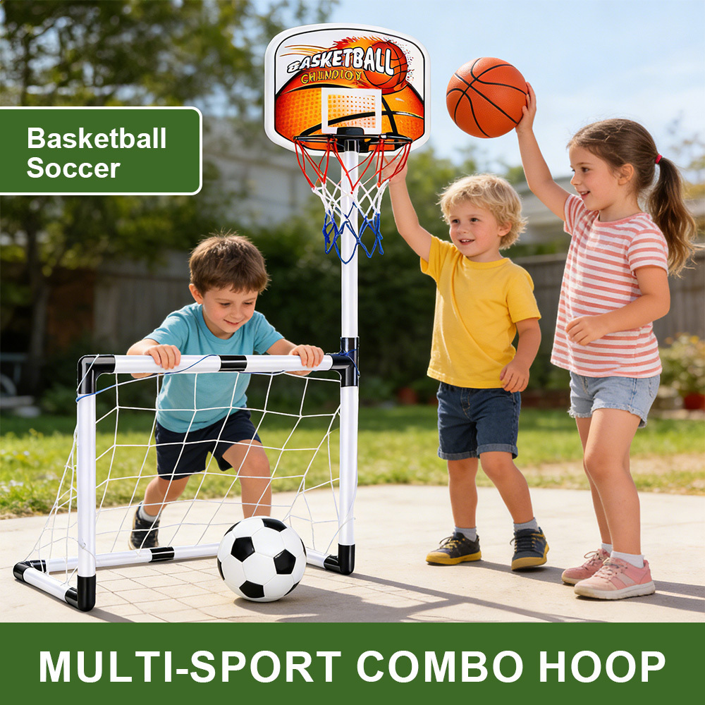 TEMU 2‑in‑1 Kids Sports Set, Soccer Goal Net And Basketball Hoop Combo With Durable Plastic Frame And Tear‑resistant Netting, Easy Assembly Portable